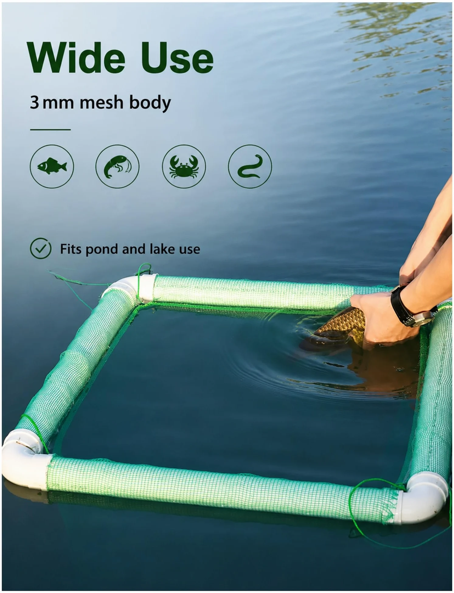 Red Flotante Cubierta para Peces Vivos con Tubo Flotador de 50 mm | Malla verde de 3 mm; marco flotante; cremallera bidireccional; uso en estanques y lagos