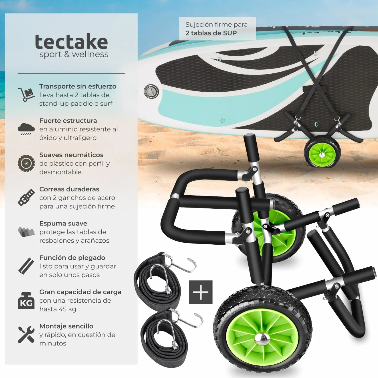 Tectake Carro de Transporte para Tabla de Surf o Padel Surf, Aluminio, 2 Tablas, Ruedas de 24 cm, Negro/Verde