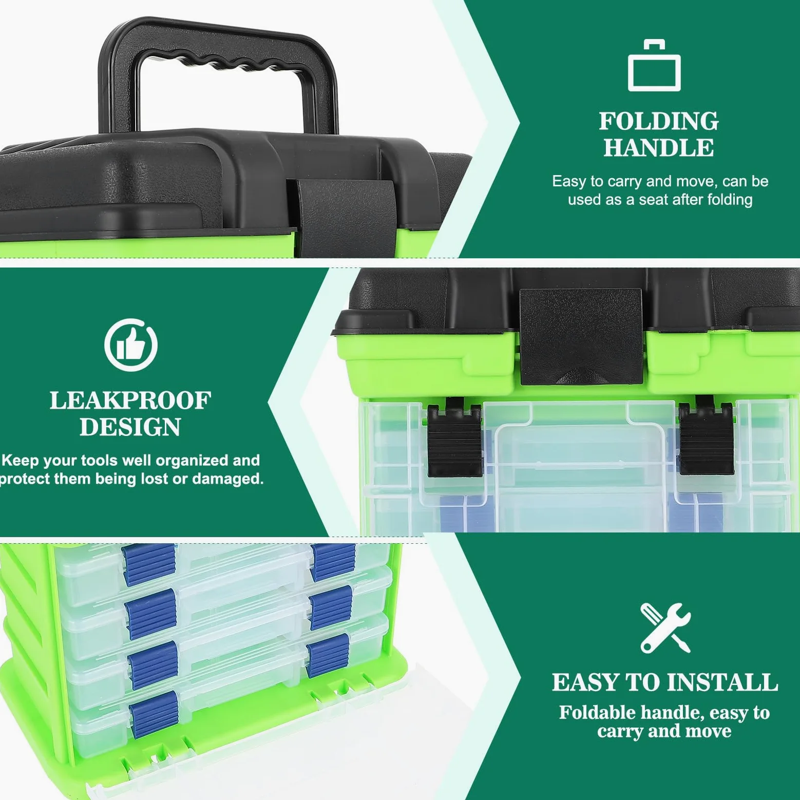Caja de Pesca Multifuncional Caja de Aparejos de Pesca de Plástico Verde Estuche Multiusos de 4 Niveles Fácil de Transportar Gran Capacidad de Carga Pequeños Accesorios