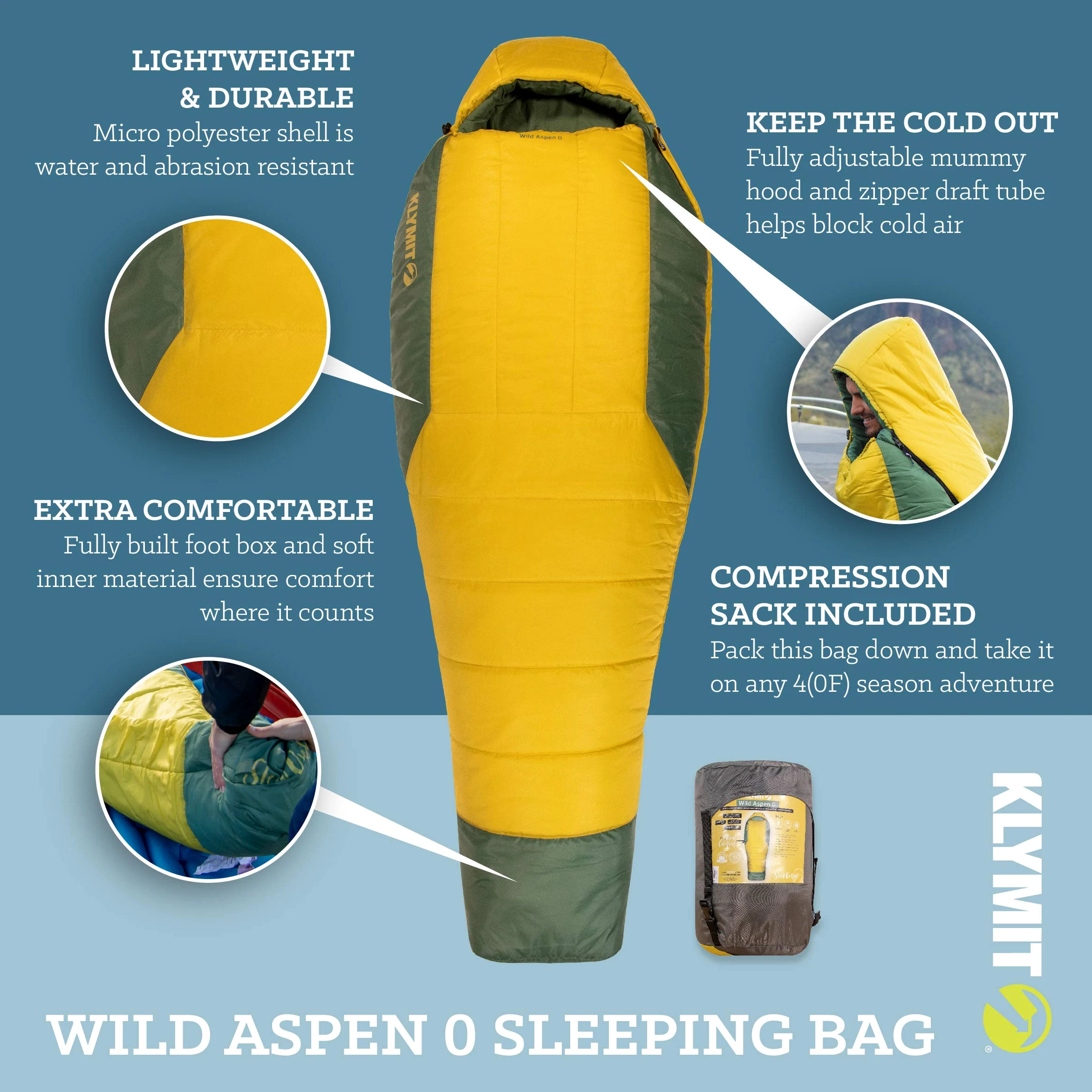 KLYMIT Wild Aspen - Saco de Dormir Ligero para mamá, el Mejor Equipo para Clima frío, Camping, Senderismo, mochilero, par con Almohadilla de Dormir estática en V (tamaño Regular a XL)