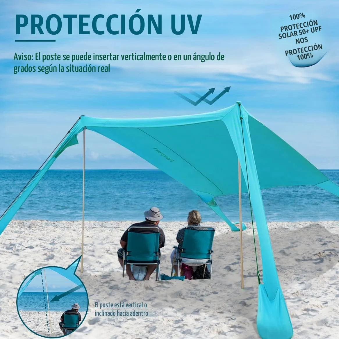 Tienda de Playa Carpa de Playa desplegable UPF 50+ Protección UV con Polos de Aluminio Anclaje de Arena para Patio Trasero Parque Playa,Sombra al Aire Libre para Viajes de Camping, Pesca