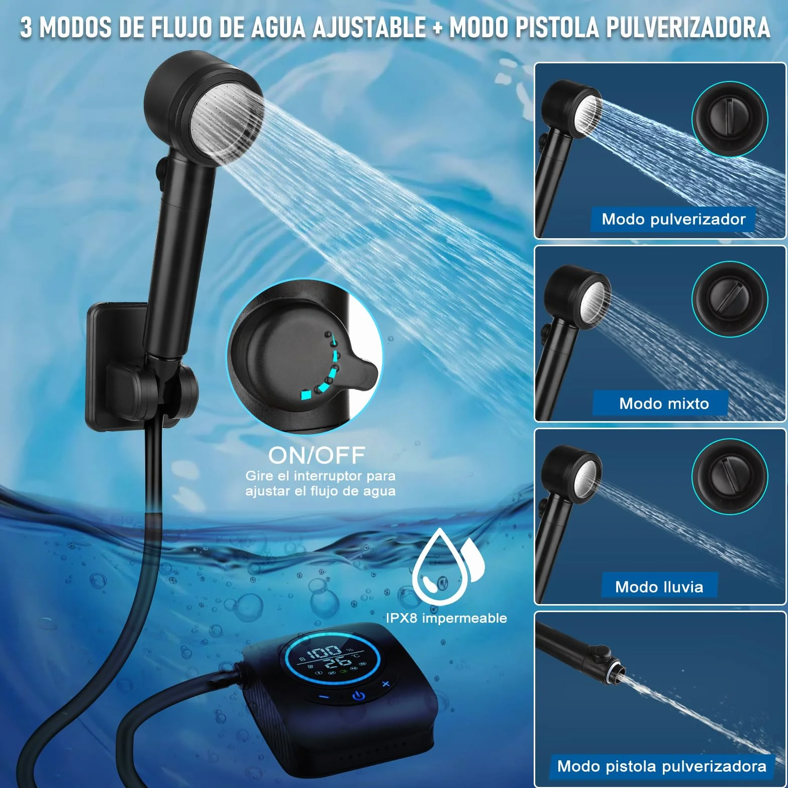 Spopal Ducha Portatil Camping, [Pantalla Temperatura] 8000mAh Recargable Ducha Camper, Modo de 5 Velocidad, 180Min de Larga Duración, Ducha Electrica para Acampar, Hacer Caminatas, Duchas para Perros