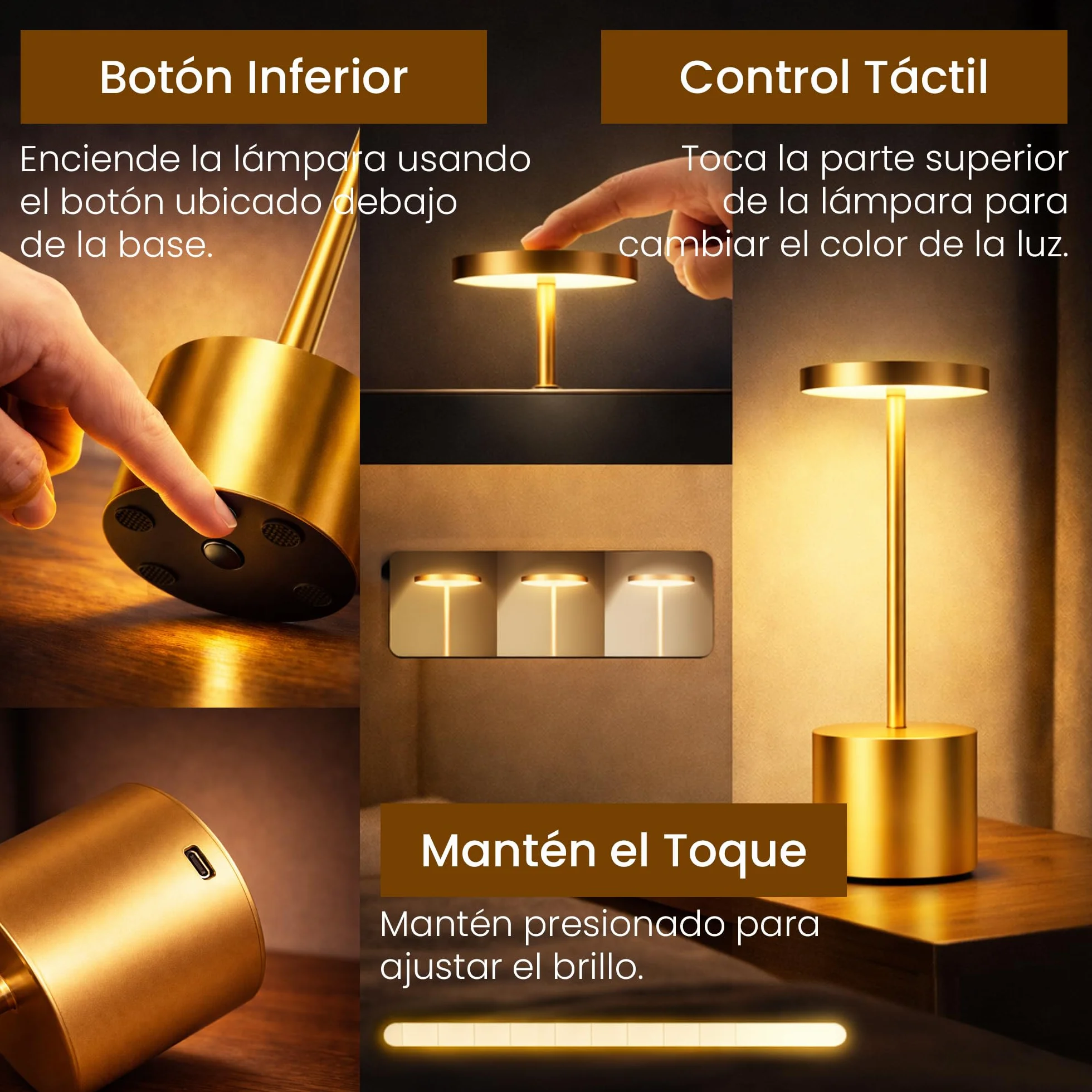 Lámparas de Mesa LED Inalámbricas Recargables Doradas Pack 2 – Control Táctil, 3 Modos de Luz, Brillo Regulable