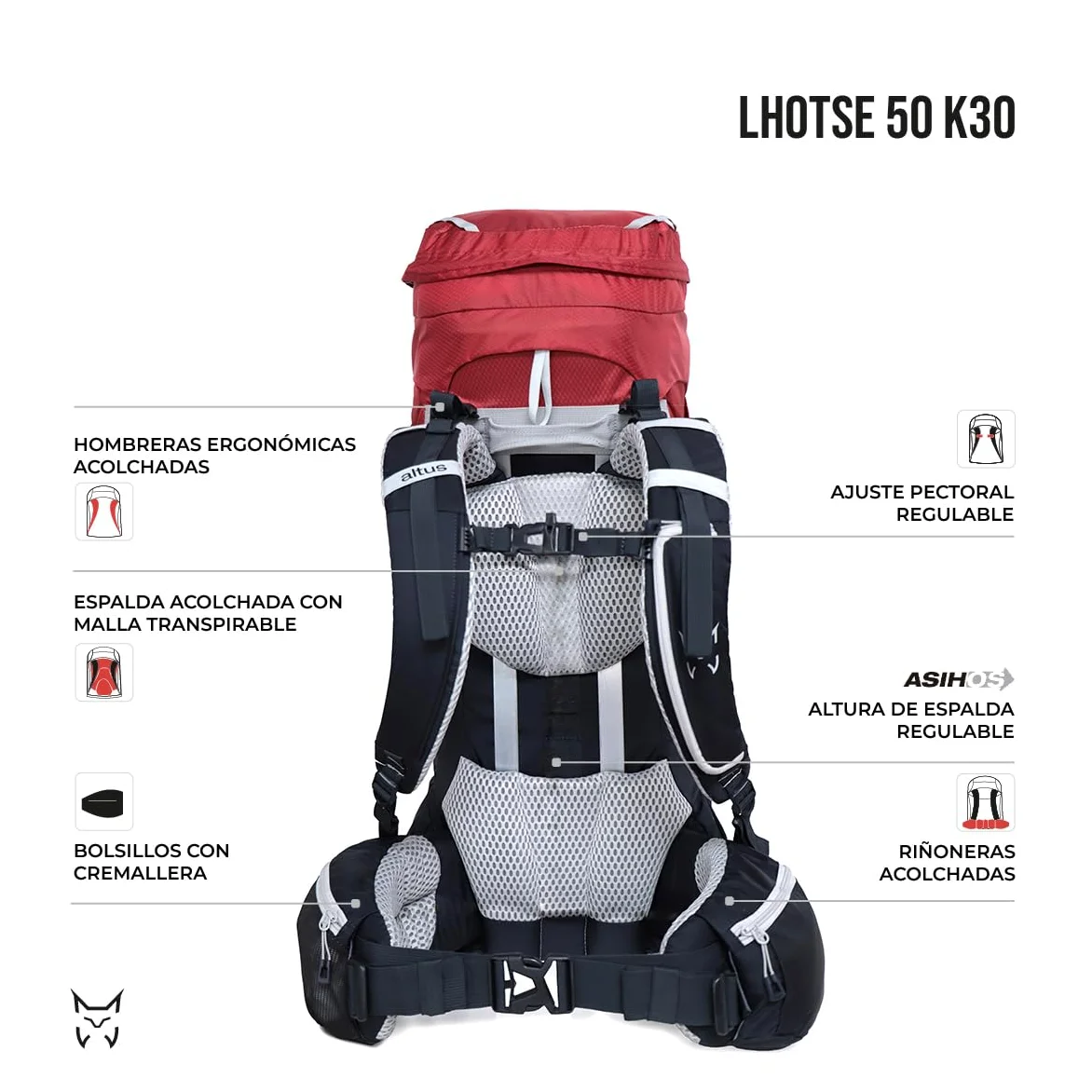 ALTUS Lhotse 50 K30 Mochila de Montaña y Trekking 50 Litros Unisex | Espalda Regulable y Transpirable, Apertura en U, Acceso Inferior, Portaesquís