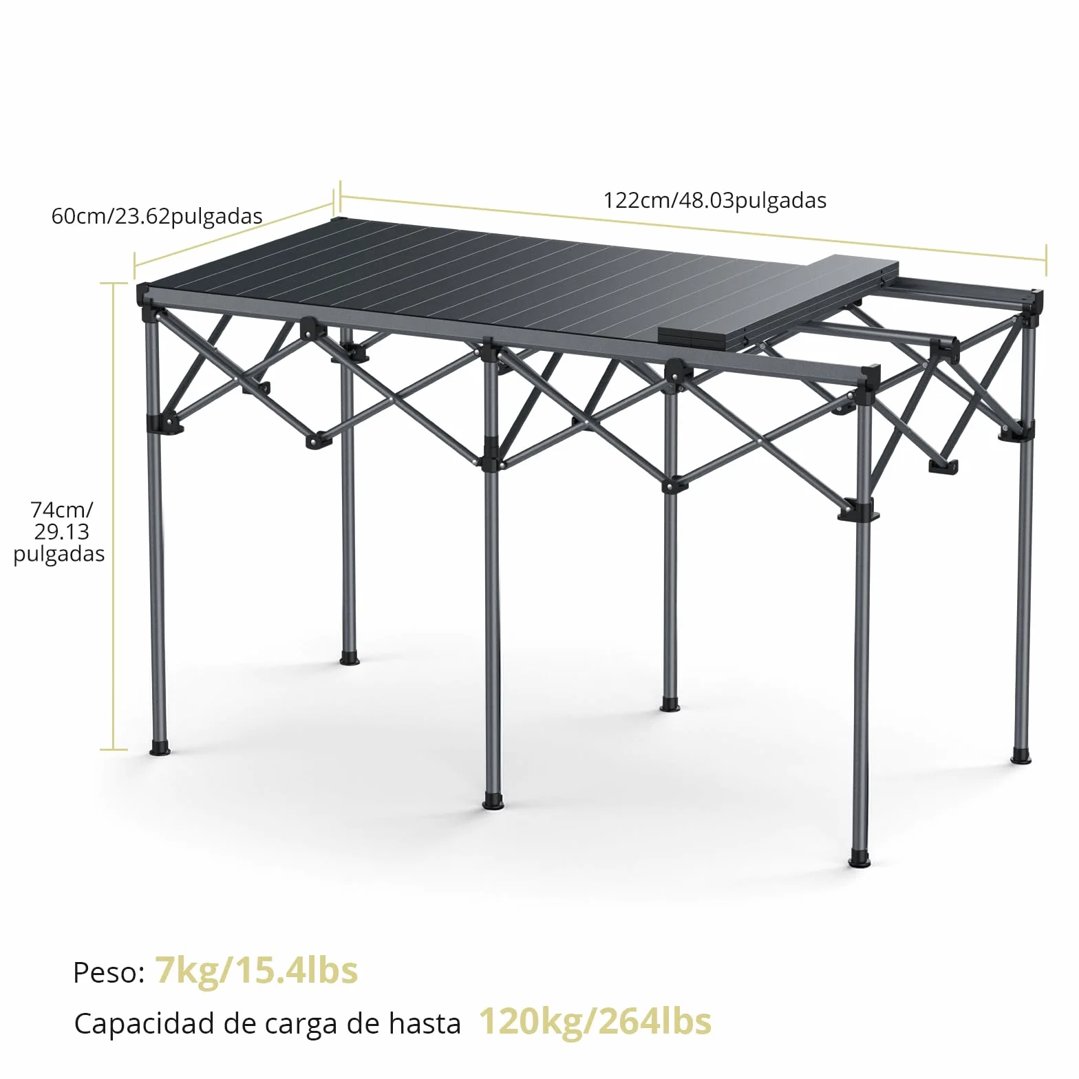 Anbte Mesa Camping Plegable 122 x 60 x 74 cm, Mesas de Acampada Portátil Aluminio Impermeable Capacidad de Carga 120 kg para Jardín, Terraza, Picnic,BBQ,Camping Negro