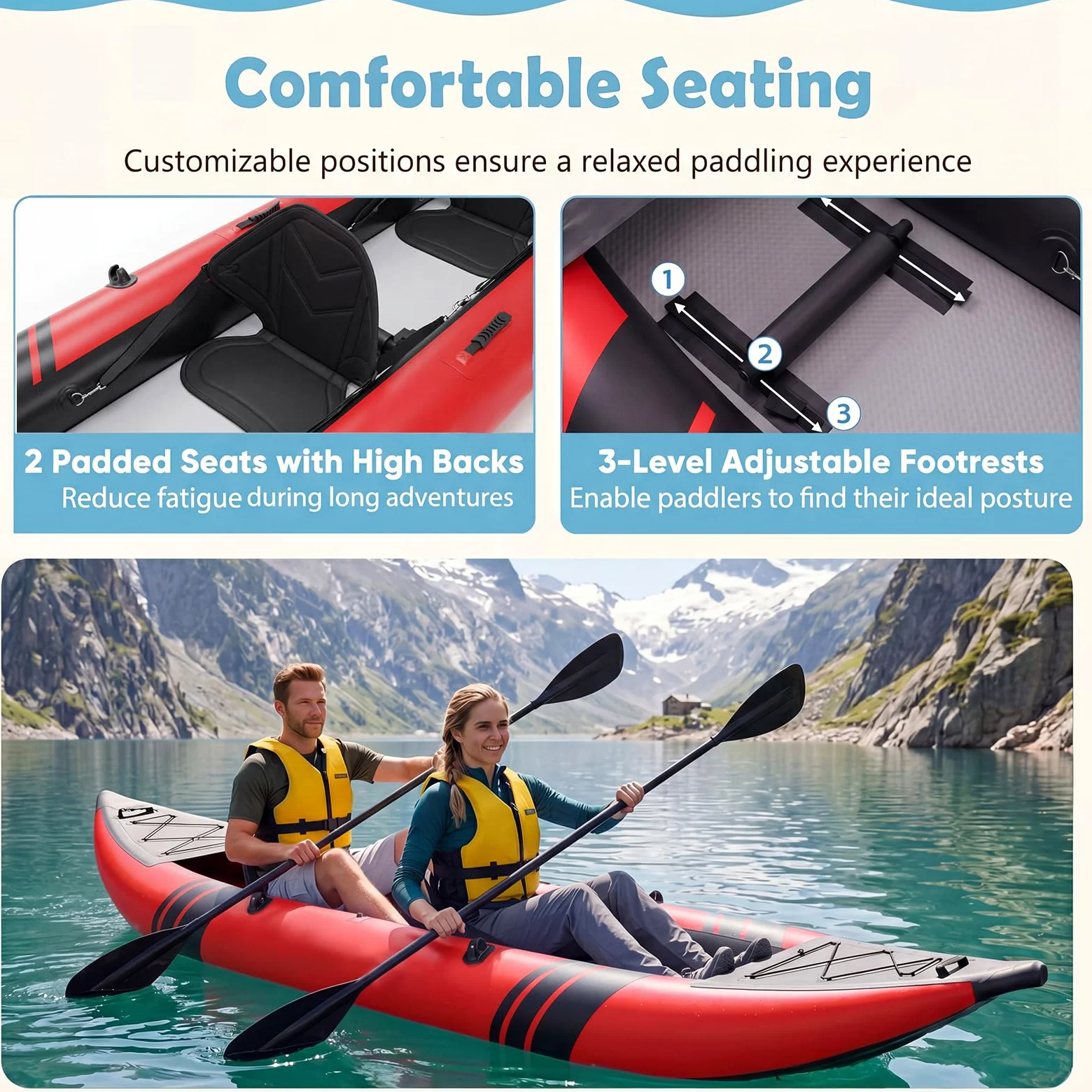 GYMAX Kayak Inflable, Kayak tándem de 12.5 pies y 230 kg con 2 paletas de Aluminio, 2 Asientos Acolchados, reposapiés, 2 Aletas, Bomba de Mano, Bolsa de Transporte y Kit de reparación, Kayak de Pesca