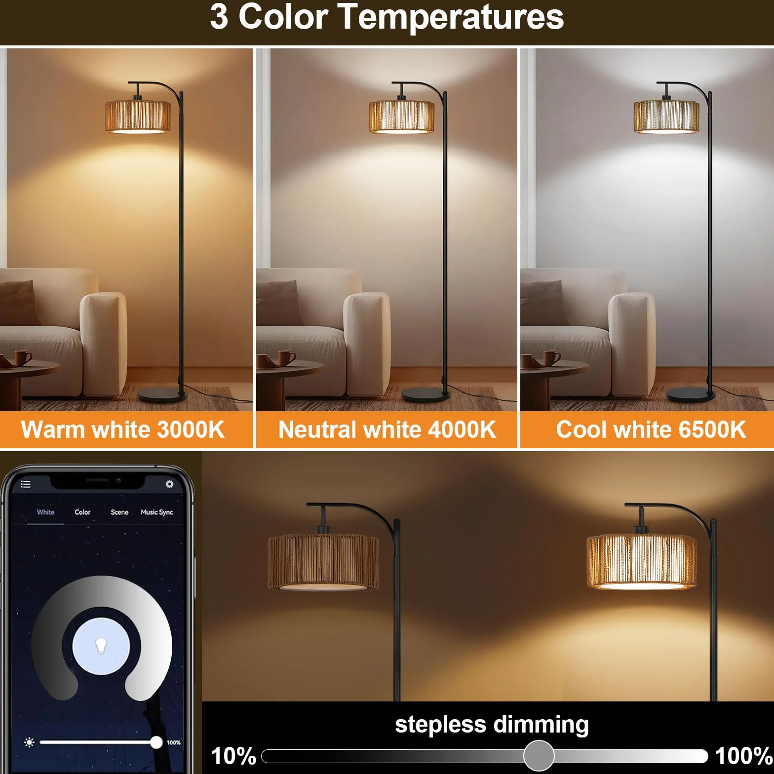 Lámpara de Pie RGB Regulable con APP y Mando, Ratán Boho Inteligente con Temporizador, Modo Música y DIY, Bombilla E27 Incluida