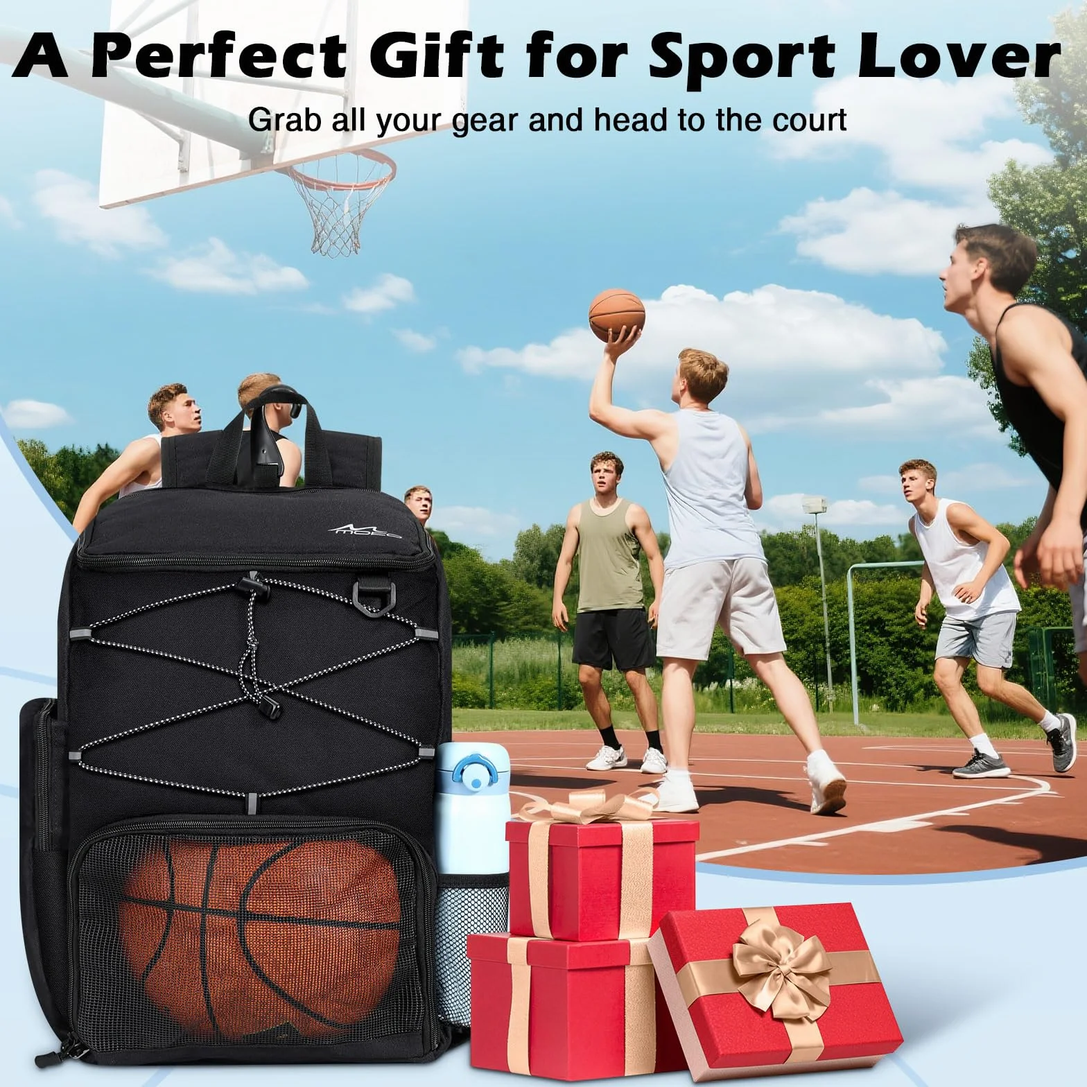 MoKo Mochila de Baloncesto Transpirable con Bolsa para Zapatillas, Múltiples Bolsillos, Gancho Oculto, Puerto de Carga, Negro