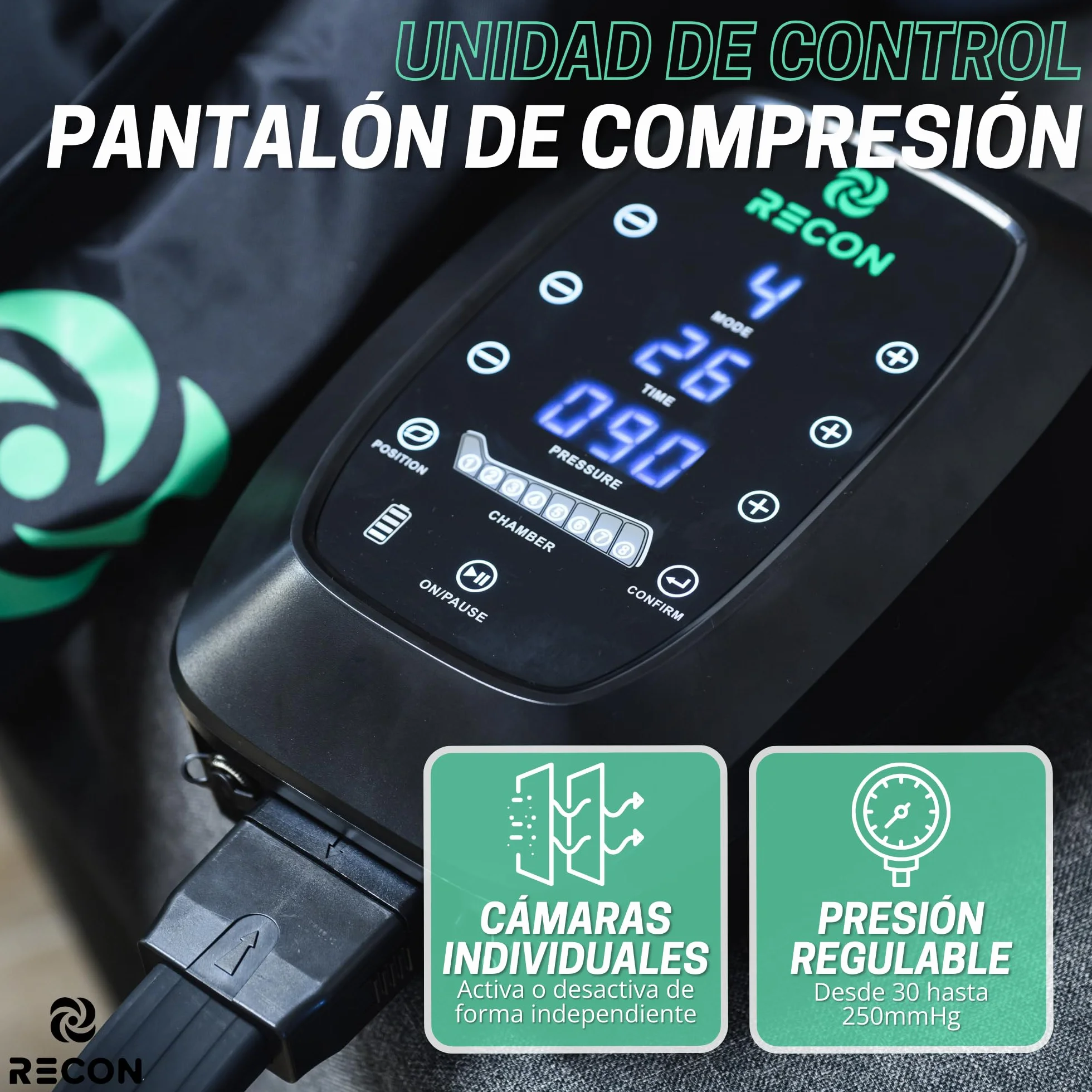 Pantalón de Presoterapia Masajeador Recon 8 Cámaras 6 Modos Batería