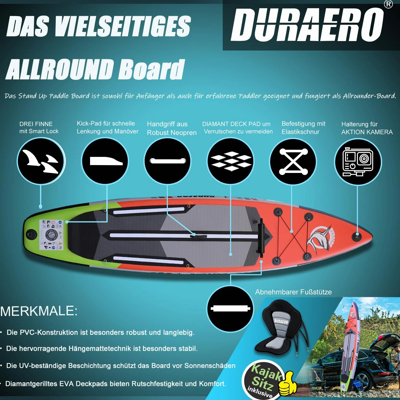 Tabla Hinchable de Paddle Surf con Asiento de Kayak, 330 x 76 x 15 cm, hasta 150 kg, Almohadilla Integrada, Aleta Desmontable, Doble Remo Ajustable, Kit de Reparación (Rojo)
