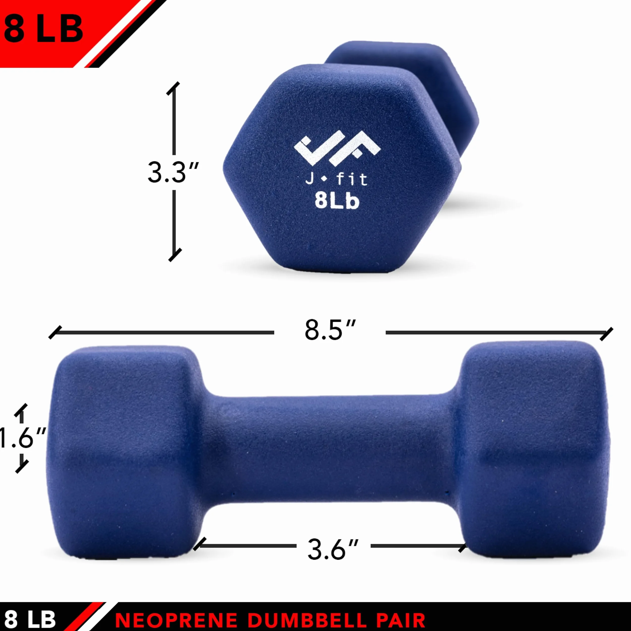 J-Fit JFIT - Par de mancuernas de neopreno – 8 libras – Antideslizante, forma hexagonal, código de color, fácil de leer pesos de mano para tonificar músculo, construcción de fuerza, pérdida de peso