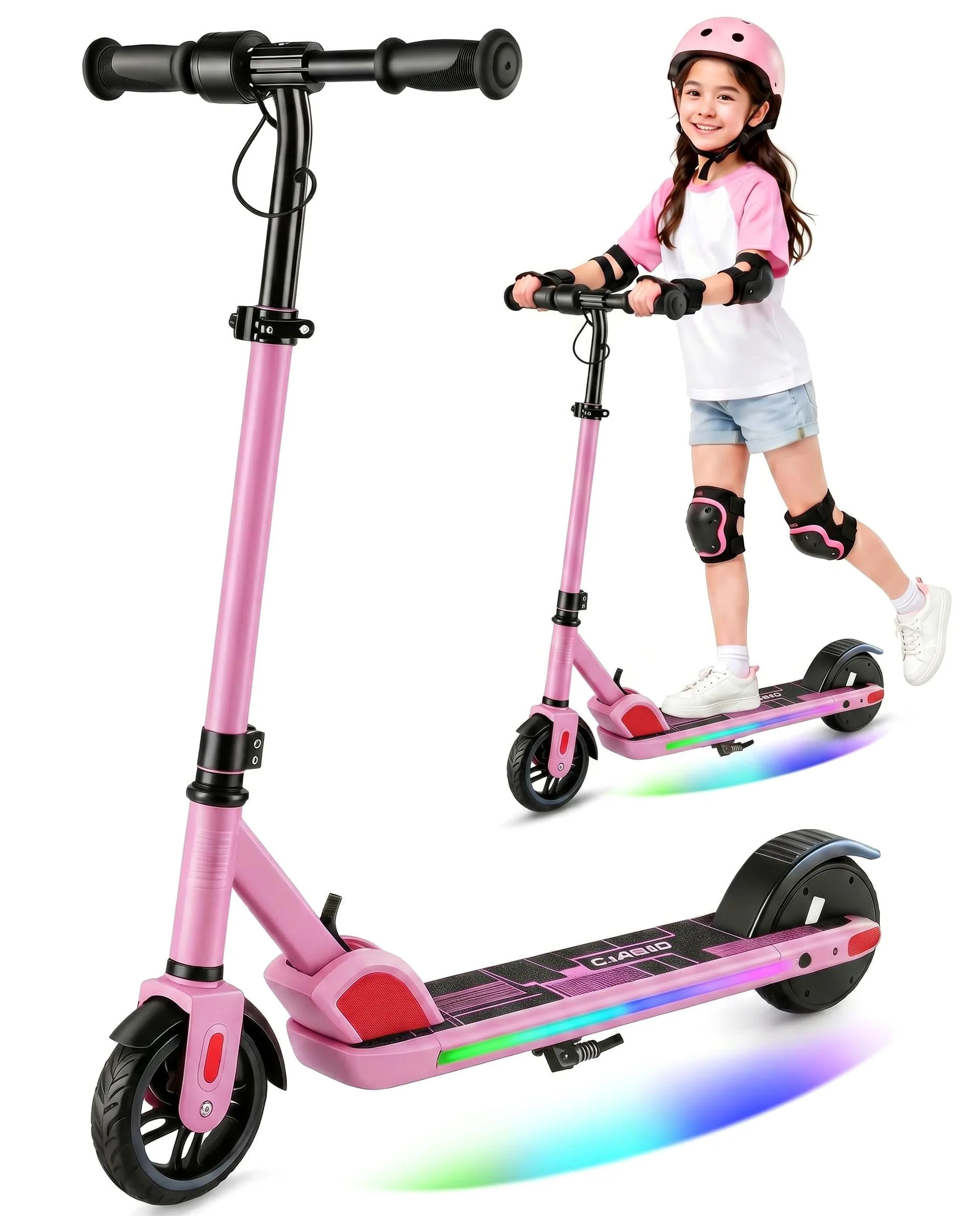 Caroma Patinete eléctrico para niños de 6 a 12 años, Motor de 150 W hasta 16 km/h, Alcance de 12 km, Patinete eléctrico Plegable con Luces Coloridas y Pantalla LED, Velocidad y Altura Ajustables