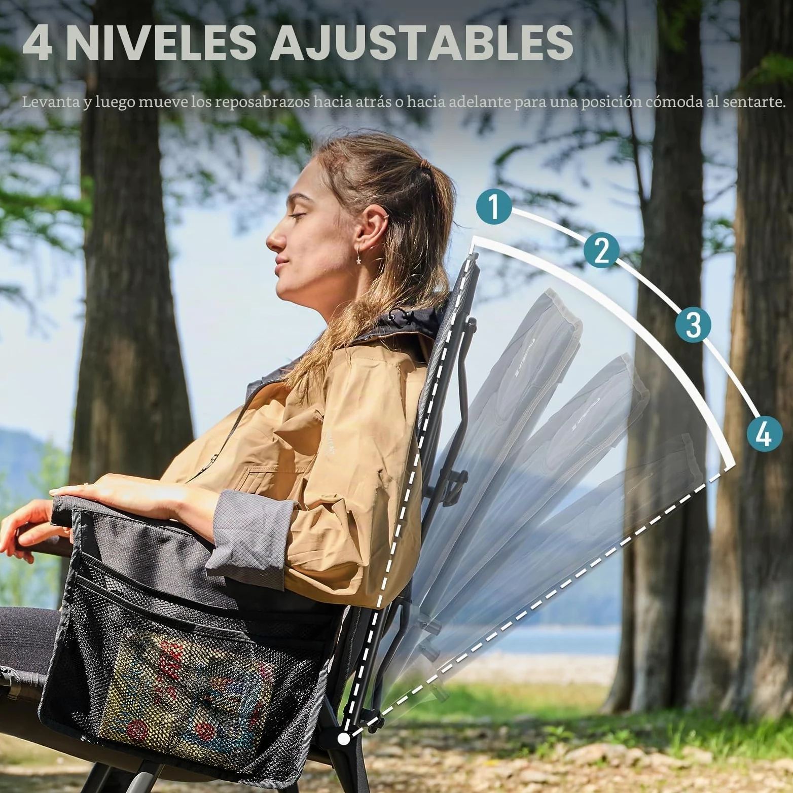 EVER ADVANCED Silla plegable de Campinng con respaldo ajustable, soporta 160 kg, silla plegable reclinable en 4 posiciones, silla plegable con bolsillo lateral y soporte para bebidas para camping