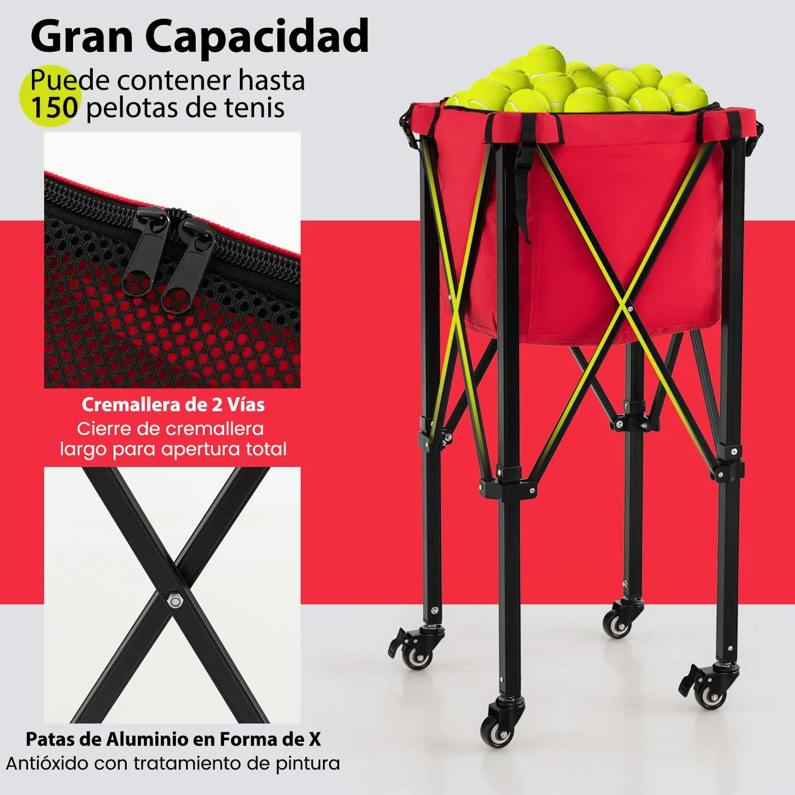 COSTWAY Carro Plegable para Pelotas de Teni, Carrito Recogepelotas, Cesta Ligera de Aluminio con Ruedas para Pelotas de Tenis, Bolsillos Laterales/Bolsa de Transporte,150 Pelotas