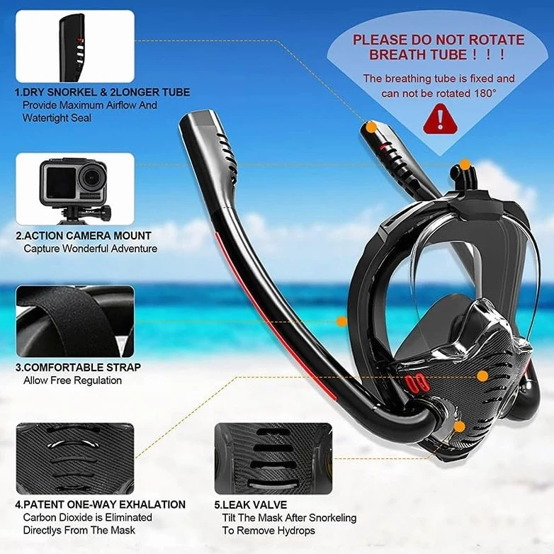 Máscara de snorkel panorámica Máscara de snorkel ajustable Máscara de buceo for snorkel for adultos Máscara de buceo con respiración libre Máscara de snorkel UV Antivaho Transpirable Visión clara Equi