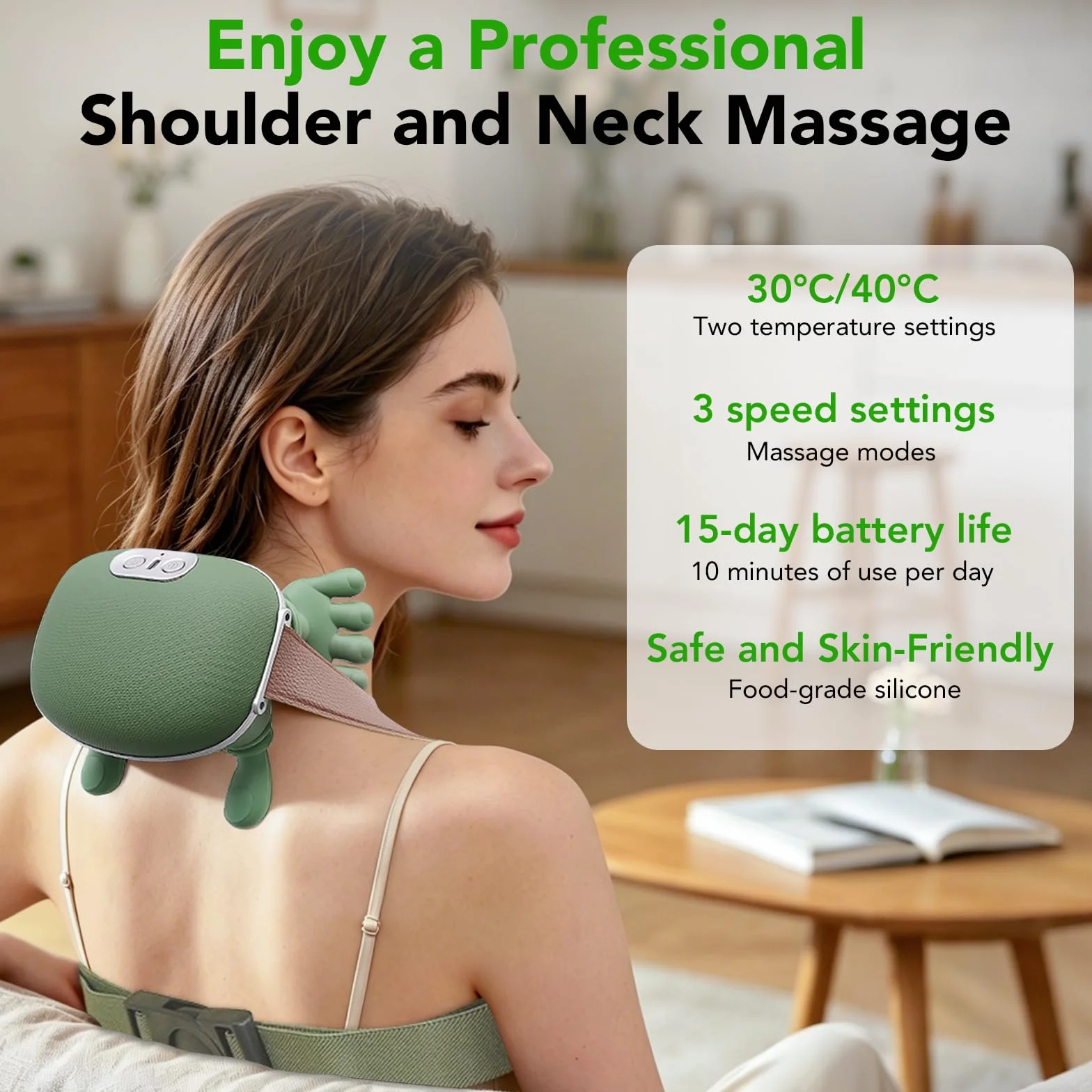 Masajeador Cervical y Espalda 4D, Masajeador de Hombros con Calor, 3 Velocidades, 2 Niveles de Calor, Verde