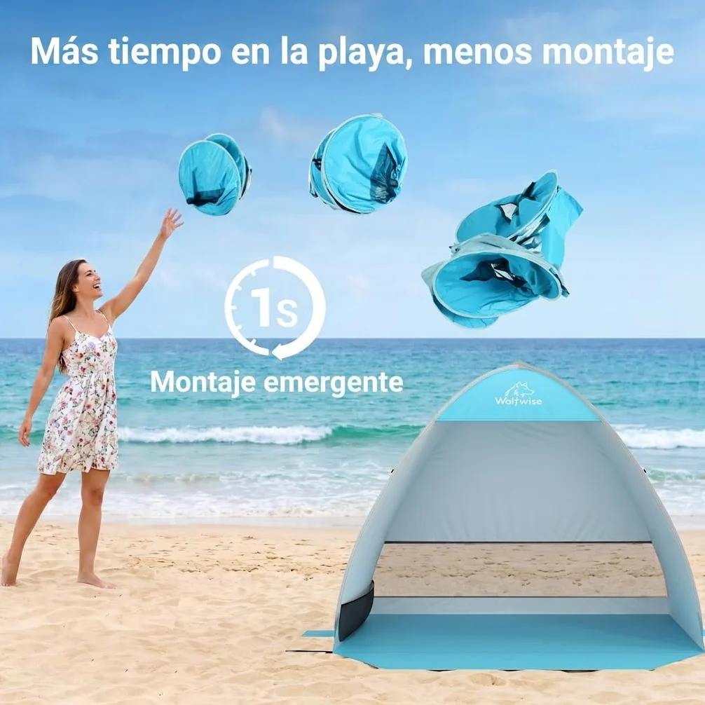 Wolfwise Carpa de Playa desplegable para 2-3 Personas, Refugio de Playa con protección UV 50+, Montaje en Segundos, Repelente al Agua y ventilada, 150 x 120 x 110 cm (59 x 47 x 43 in), Azul