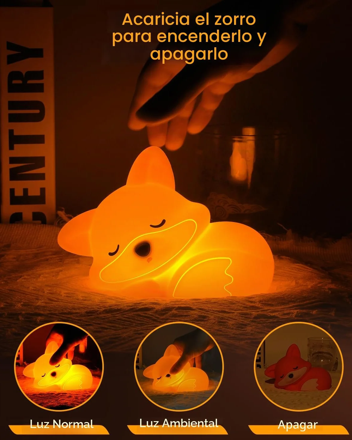 Amaredom Lámpara Infantil Zorro de Silicona Suave Luz Nocturna Bebé Brillo Regulable Apagado Automático 20 min