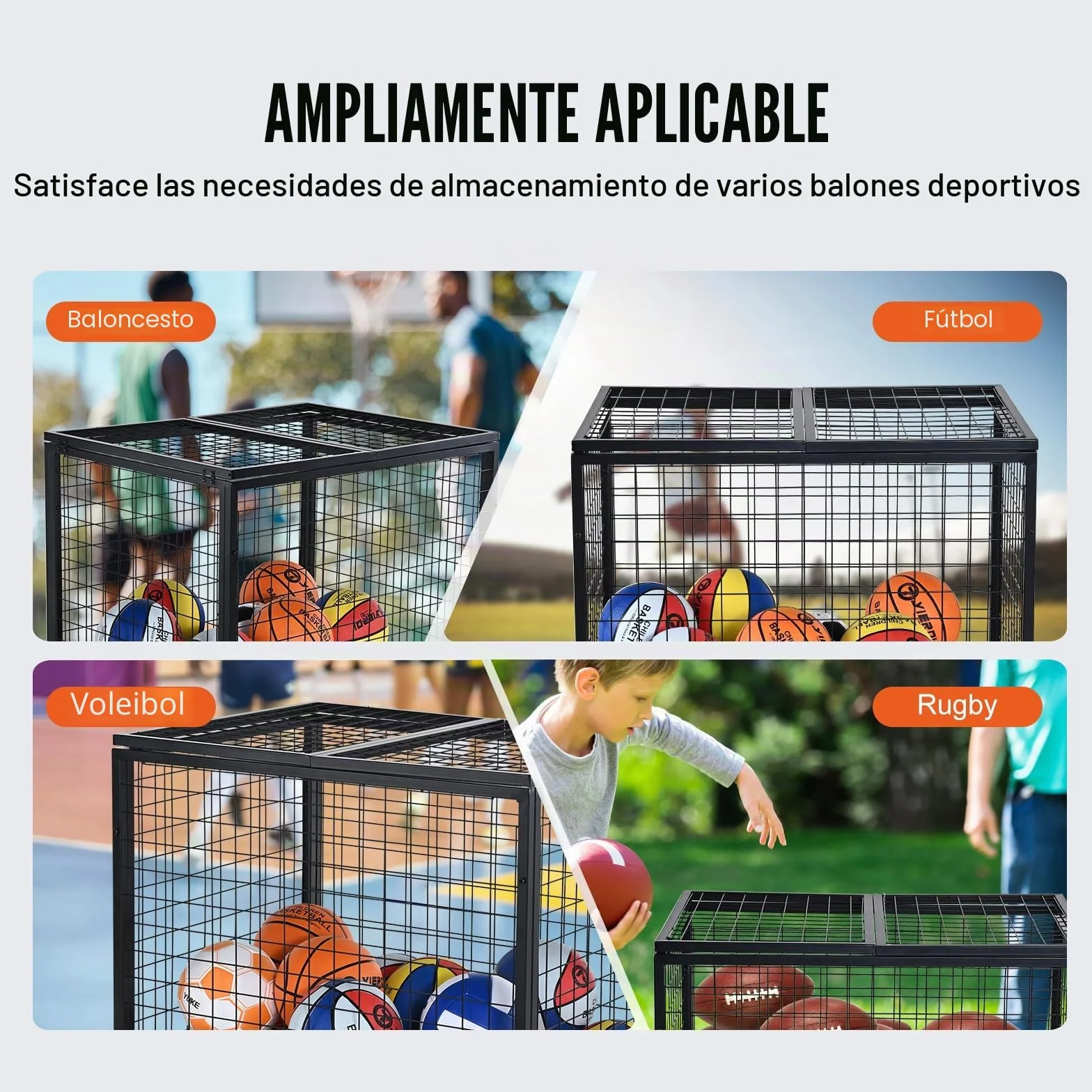 VEVOR Carro de Bolas con Cerradura 85x67,5x82,5 cm Jaula Móvil de Almacenamiento de Bolas con 4 Ruedas de Acero y Frenos Organizador para Equipo Deportivo Gimnasio Escuela Garaje Interior Exterior