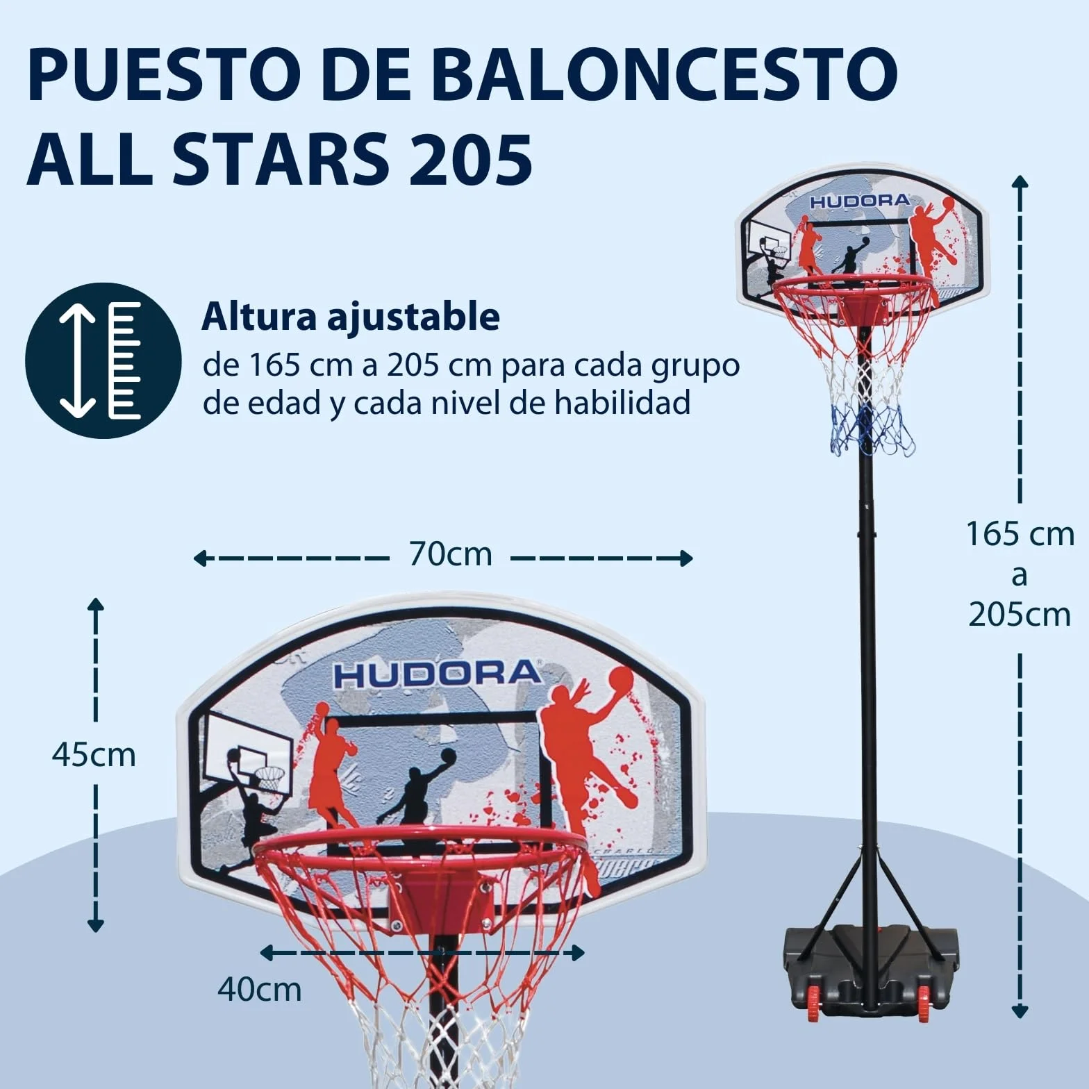 HUDORA Soporte Baloncesto All Stars 205 Canasta Ajustable Altura niños Adolescentes Exterior móvil jardín