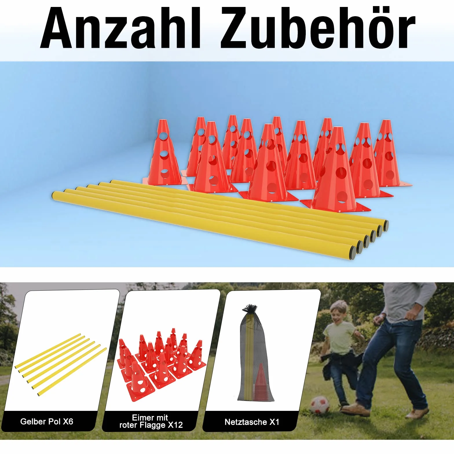 YRHome Juego de 6 tornillos de agilidad para entrenamiento de coordinación, accesorios de entrenamiento de agilidad, 12 conos multiusos y 6 barras de altura ajustable, combinaciones multifuncionales