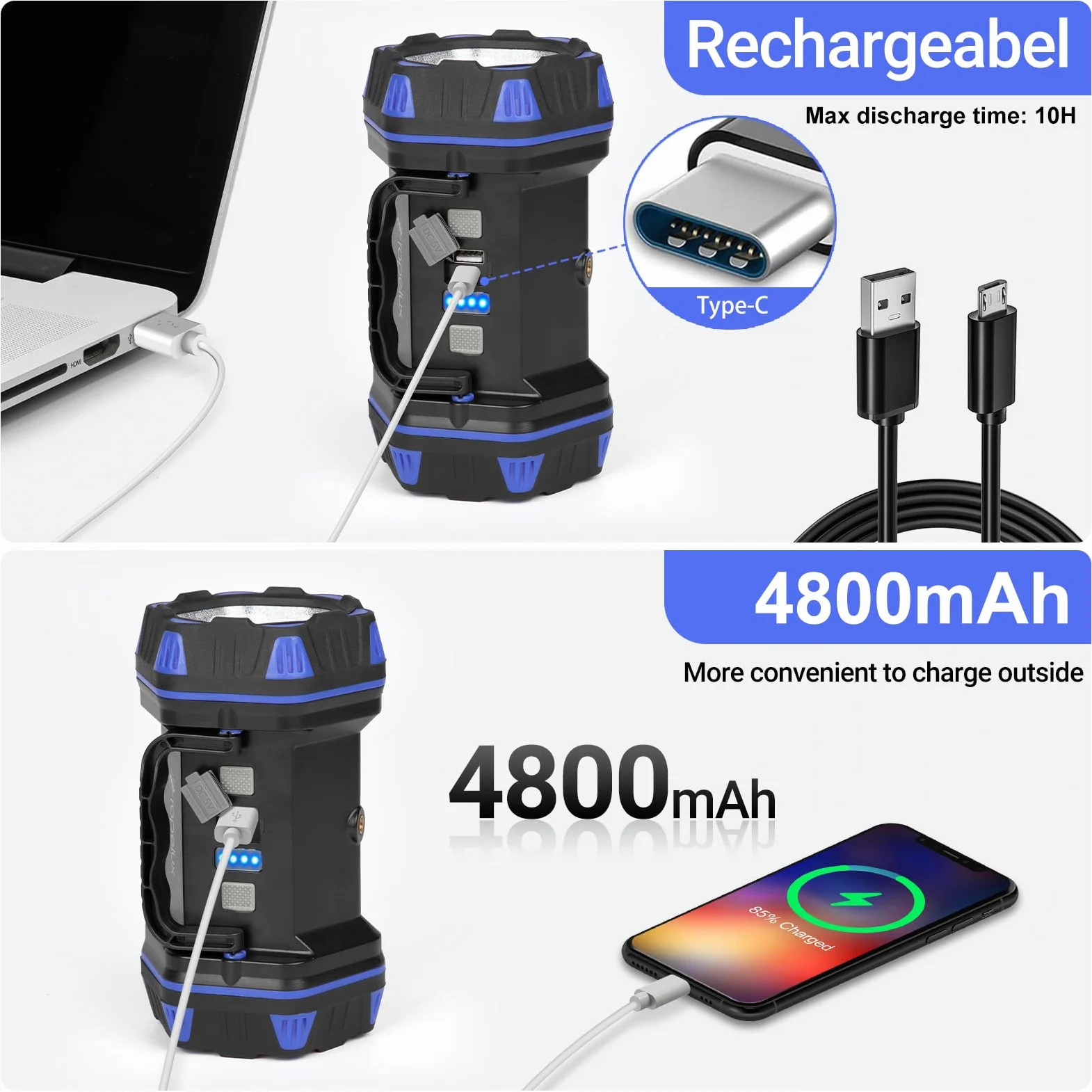 Linterna LED de camping recargable, linterna de camping de 1500 lm, 8 modos de luz, luces de camping de capacidad 4800, banco de energía USB, luz de flash brillante portátil para emergencias, cortes