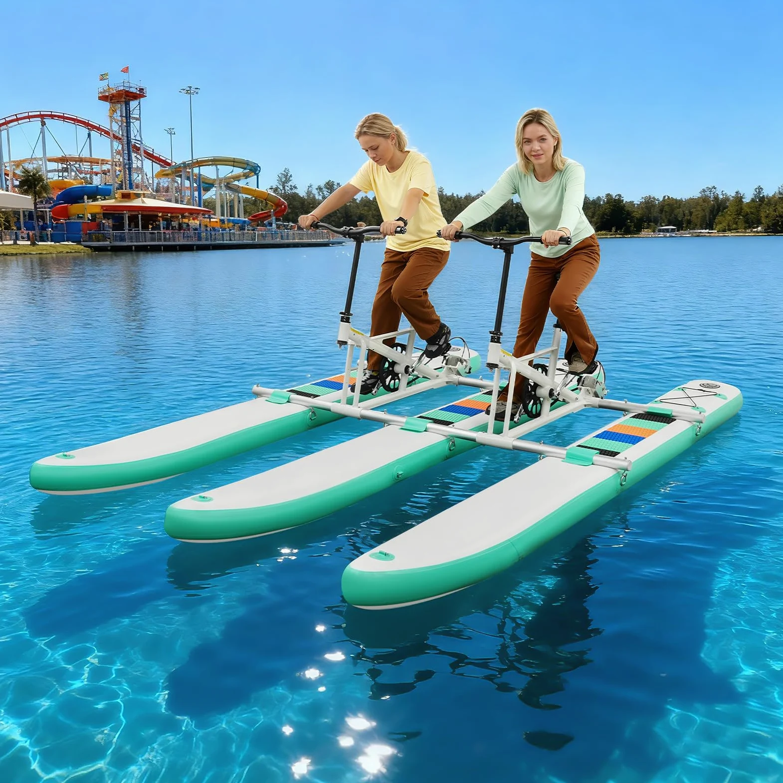 Bicicleta de agua inflable para 2 personas con varios pontones | Con asientos ajustables, pedales antideslizantes y cubierta plegable para mar, río o zona de ocio