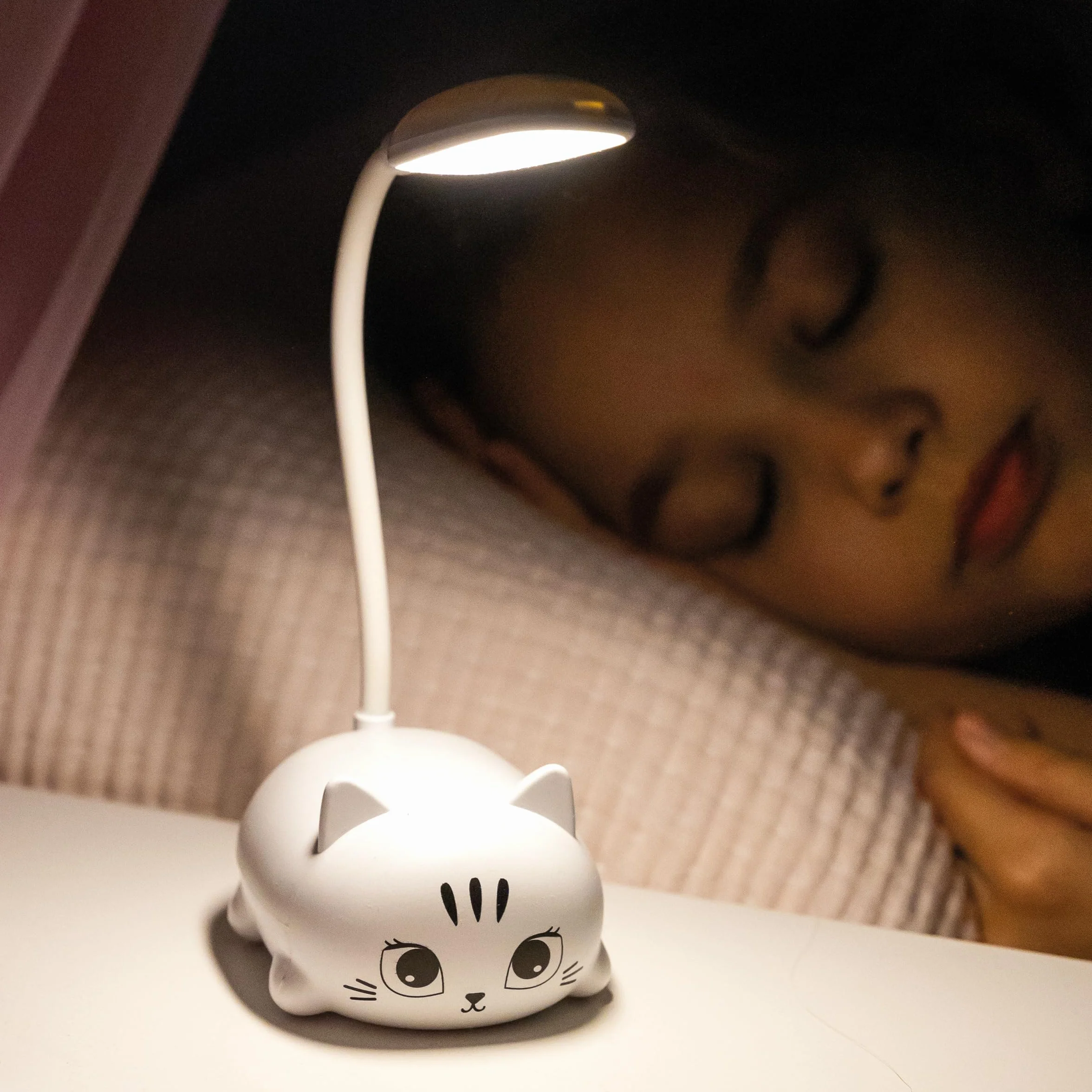 Back2Fun Lámpara de escritorio infantil gatito LED cálida cuello flexible recargable USB luz noche estudio