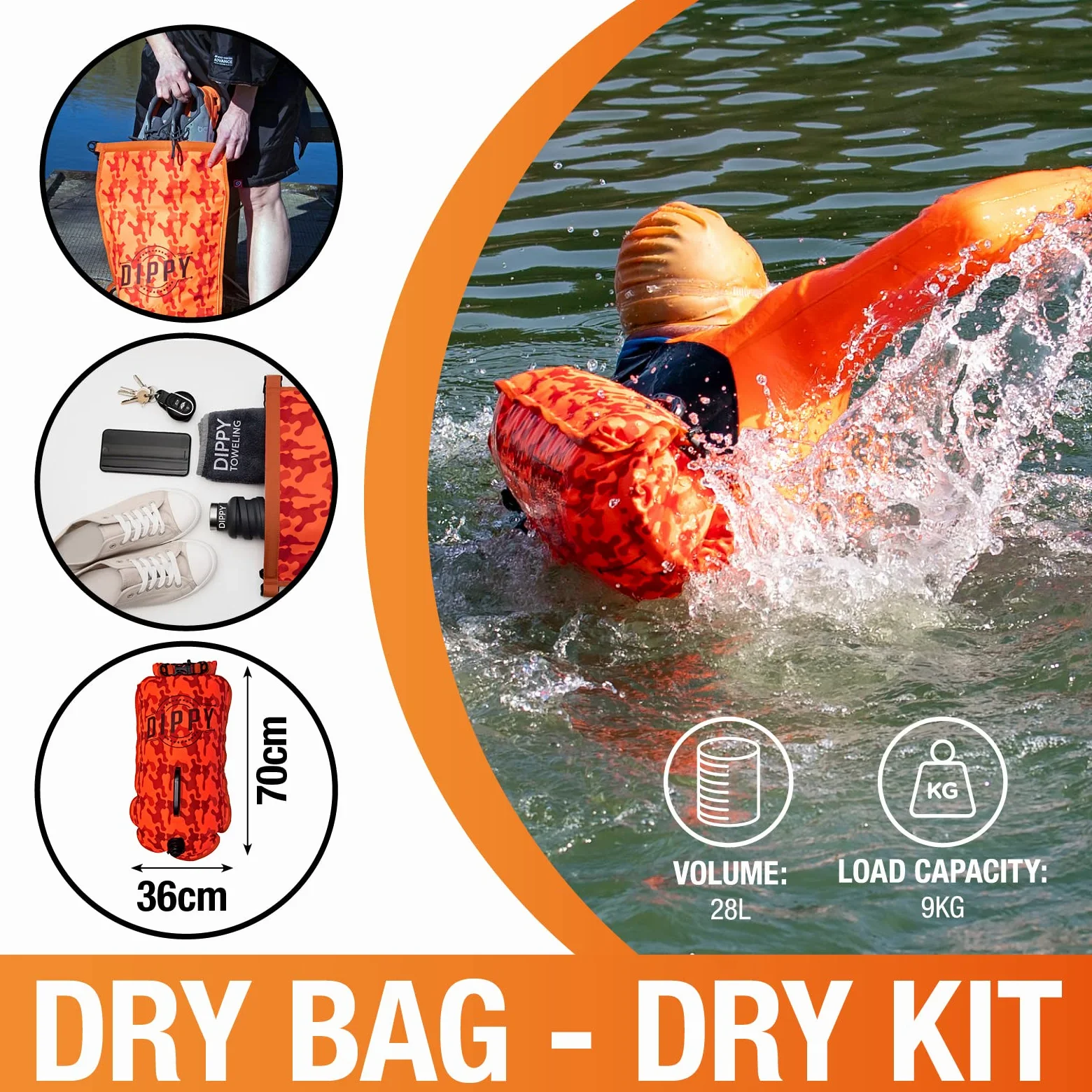 DIPPY - Flotadores de remolque para natación en aguas abiertas | Boya de natación de 28 L | Flotador de natación impermeable | Bolsa seca de flotador de remolque | Flotador de natación salvaje |
