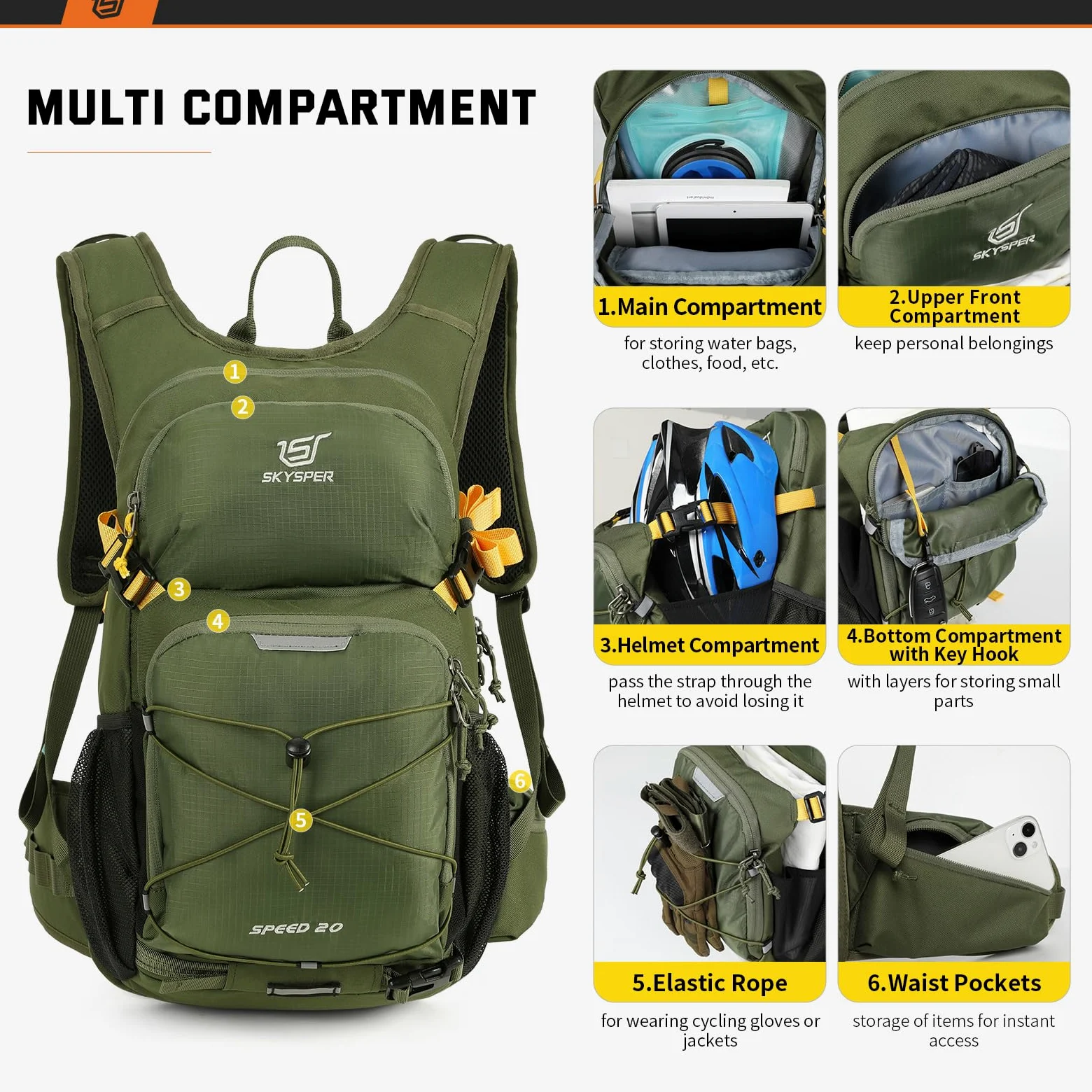 SKYSPER 20L Mochilas para Ciclismo Ultraligero con Funda para Casco Mochila de Hidratación Impermeable Mochila de Bicicleta Mochila Deportiva Hombre Mujer para MTB Deportes al Aire Libre