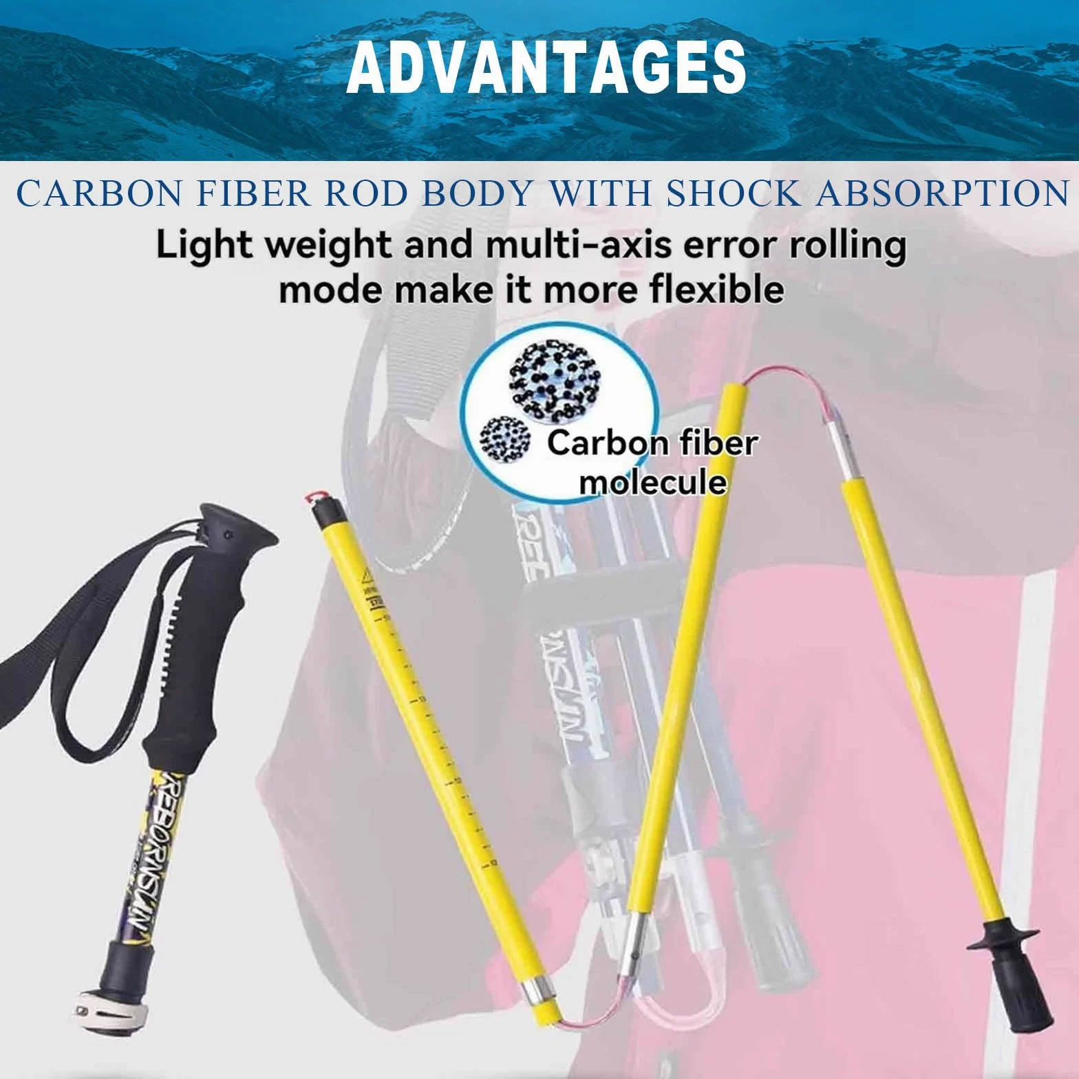 Bastones de senderismo ligeros y plegables, bastones telescópicos de 5 secciones, cuerpo de fibra de carbono, ajustable de 105 a 120 cm para actividades al aire libre