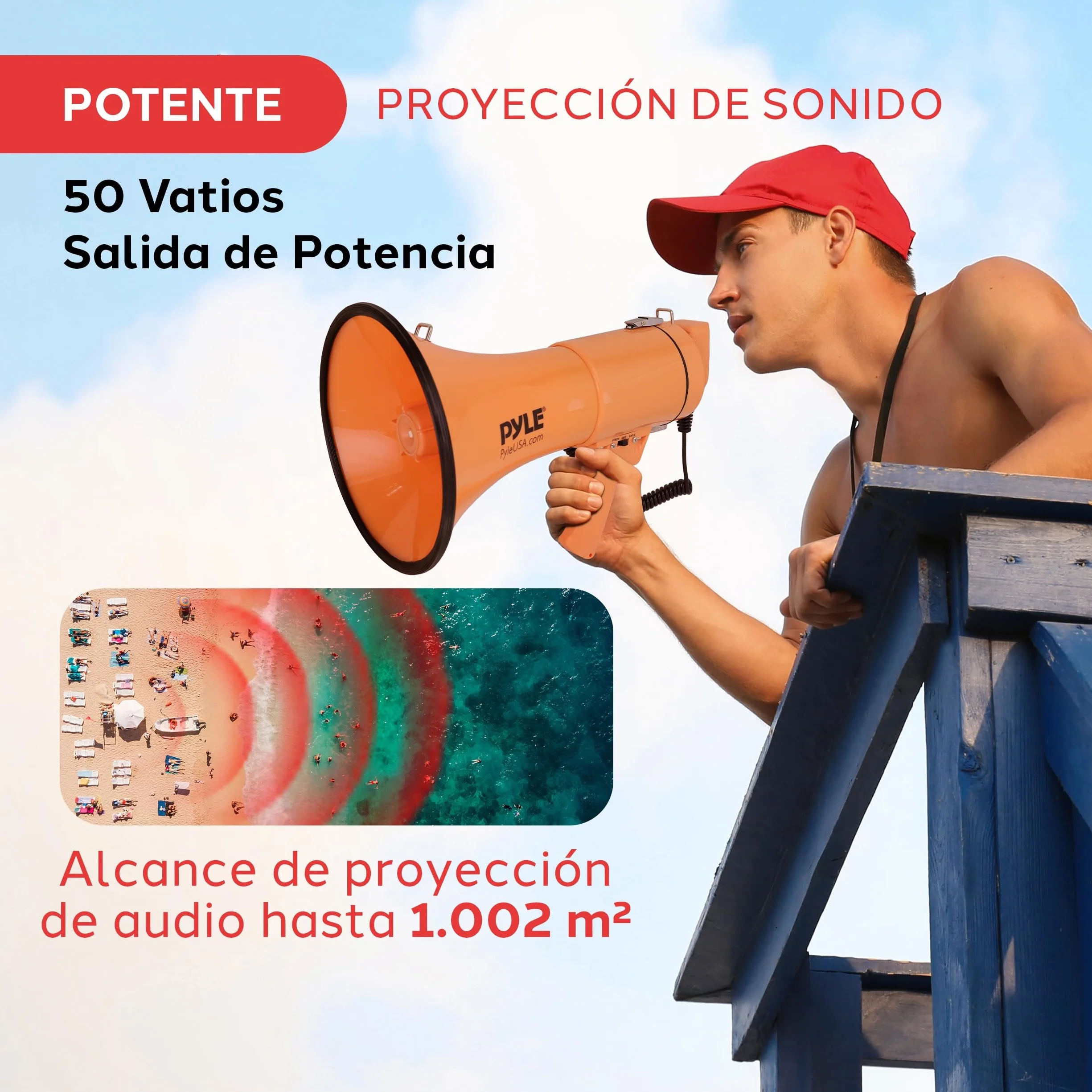 Pyle megafono, Altavoz, Portatil, 50V, Volumen Ajustable, Sirena, Correa para el Hombro, Entrada AUX, Compacto, Ideal para anuncios, Eventos, Deportes y mas