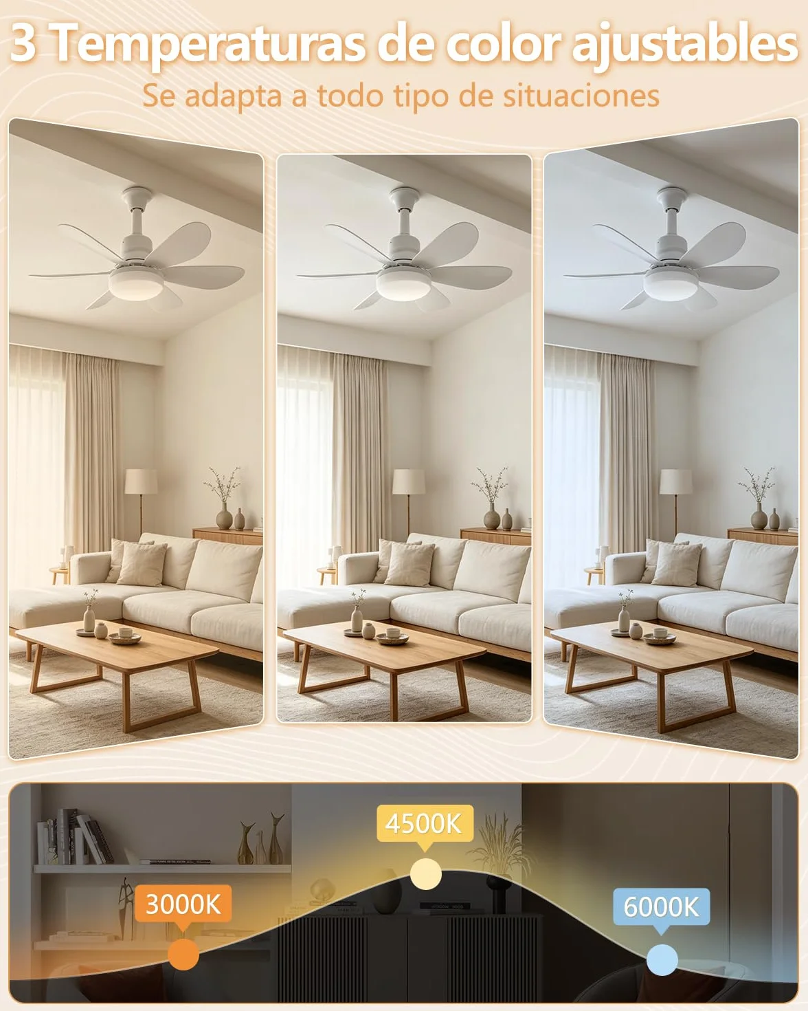 Ventilador de Techo 52cm con Luz LED 40W Regulable, Silencioso, 3 Velocidades, E27, para Interior Exterior