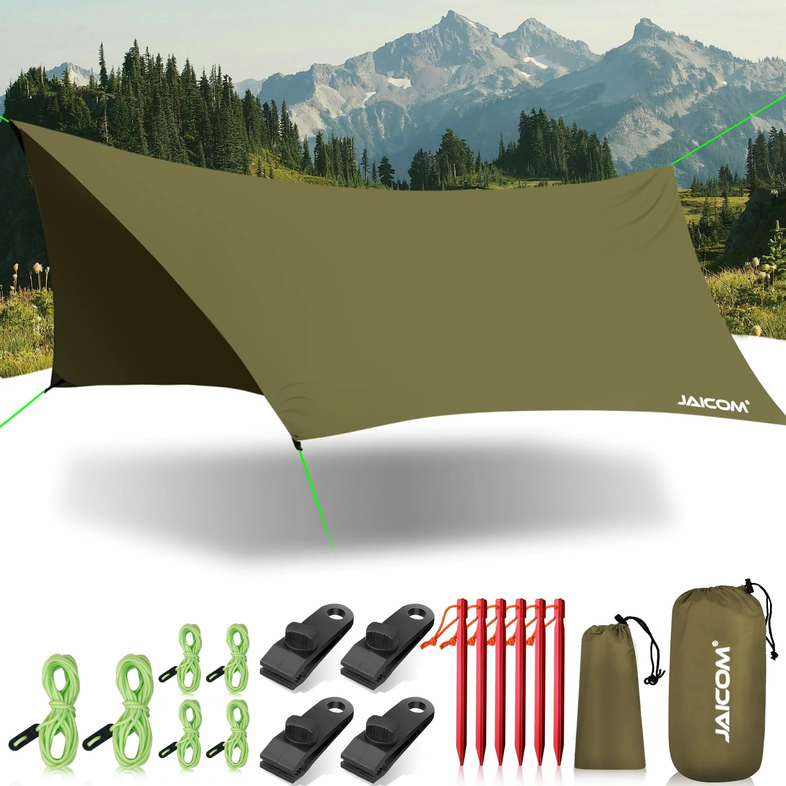 JAICOM Toldo Camping Impermeable 3.6x2.9m Tarp Ultraligero Resistente Desgarro Refugio Aluminio Nylon