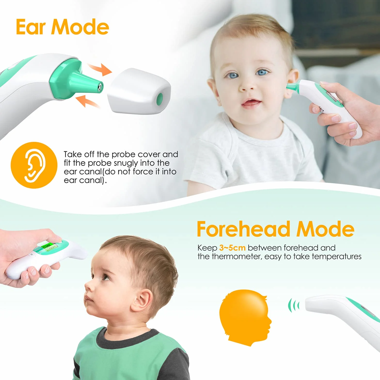 Termómetro Digital Infrarrojos para Bebés Niños Adultos, Frente y Oído con Alarma de Fiebre, ℃ ℉ Conmutable