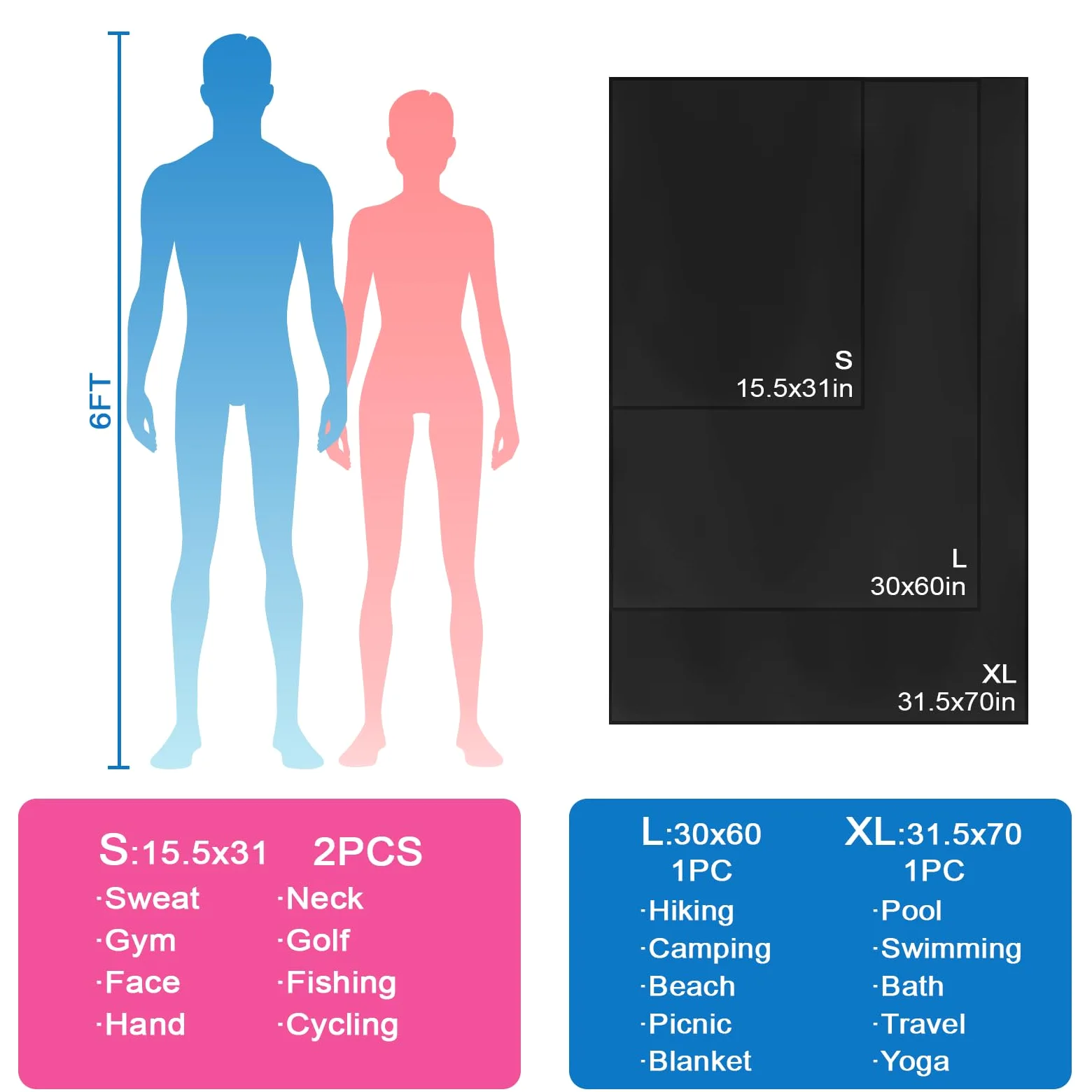Toalla de microfibra de secado rápido para acampar, senderismo, playa, piscina, viajes, toallas corporales (negro, 1 paquete XL)