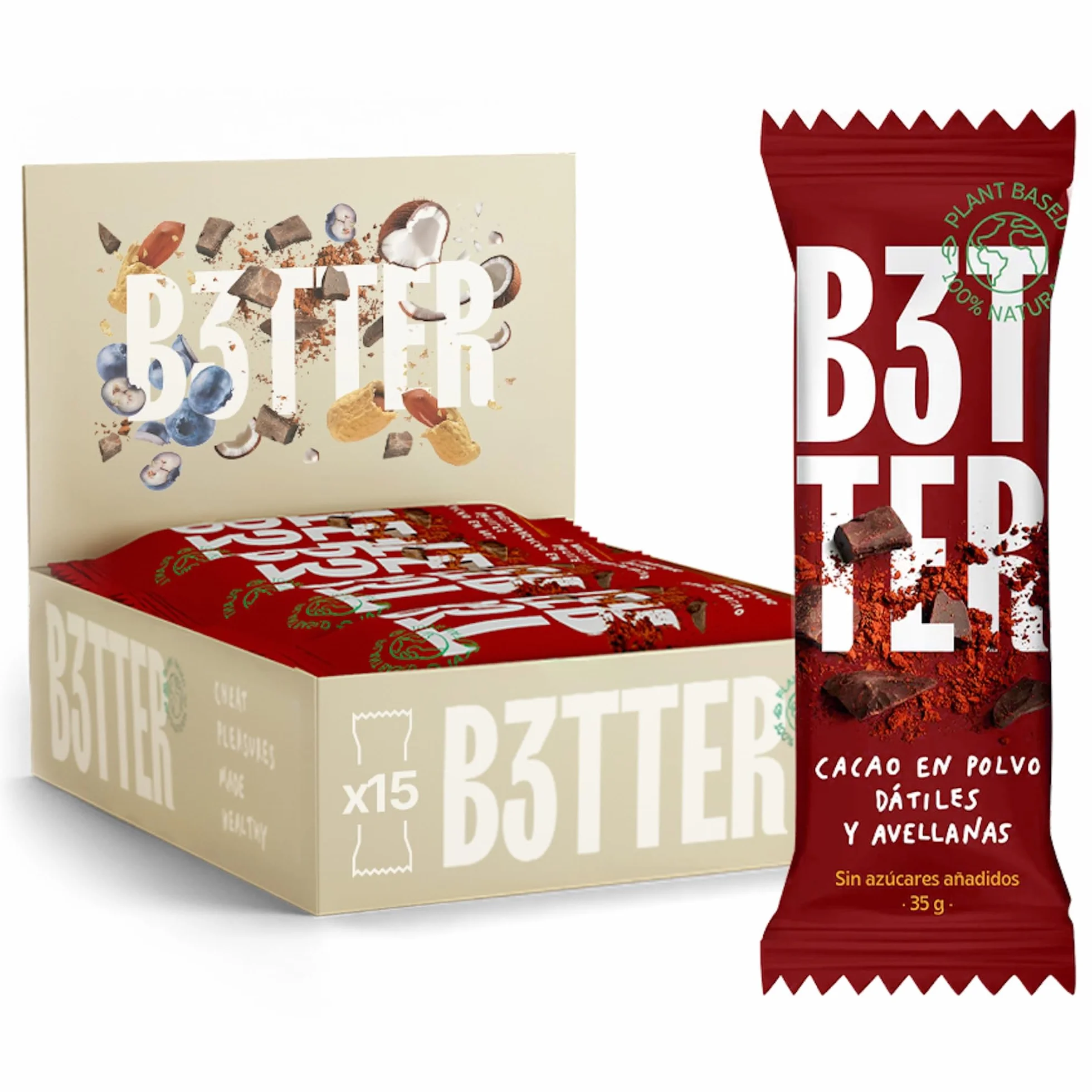 Barritas Proteina B3TTER Cacao 100% Naturales Sin Azúcar Añadido Pack 15 Unidades Alto Contenido en Fibra y Proteinas Sin Gluten