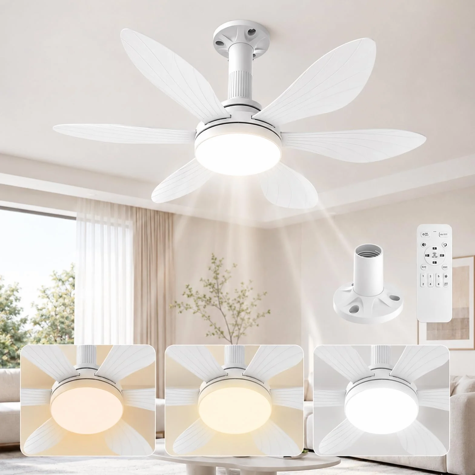 Hisummer Ventilador de Techo 71cm con Luz y Mando, E27, Motor DC Reversible, Silencioso