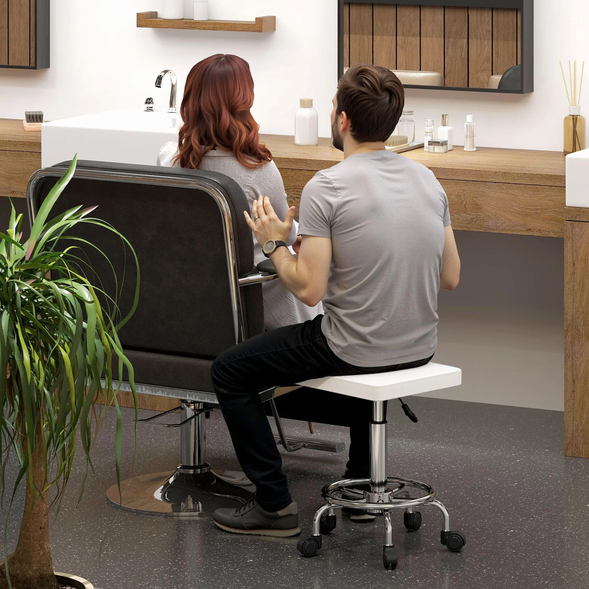 HOMCOM Taburete Giratorio con Ruedas Altura Regulable 50-66 cm Asiento Tapizado Cuero Sintético Blanco