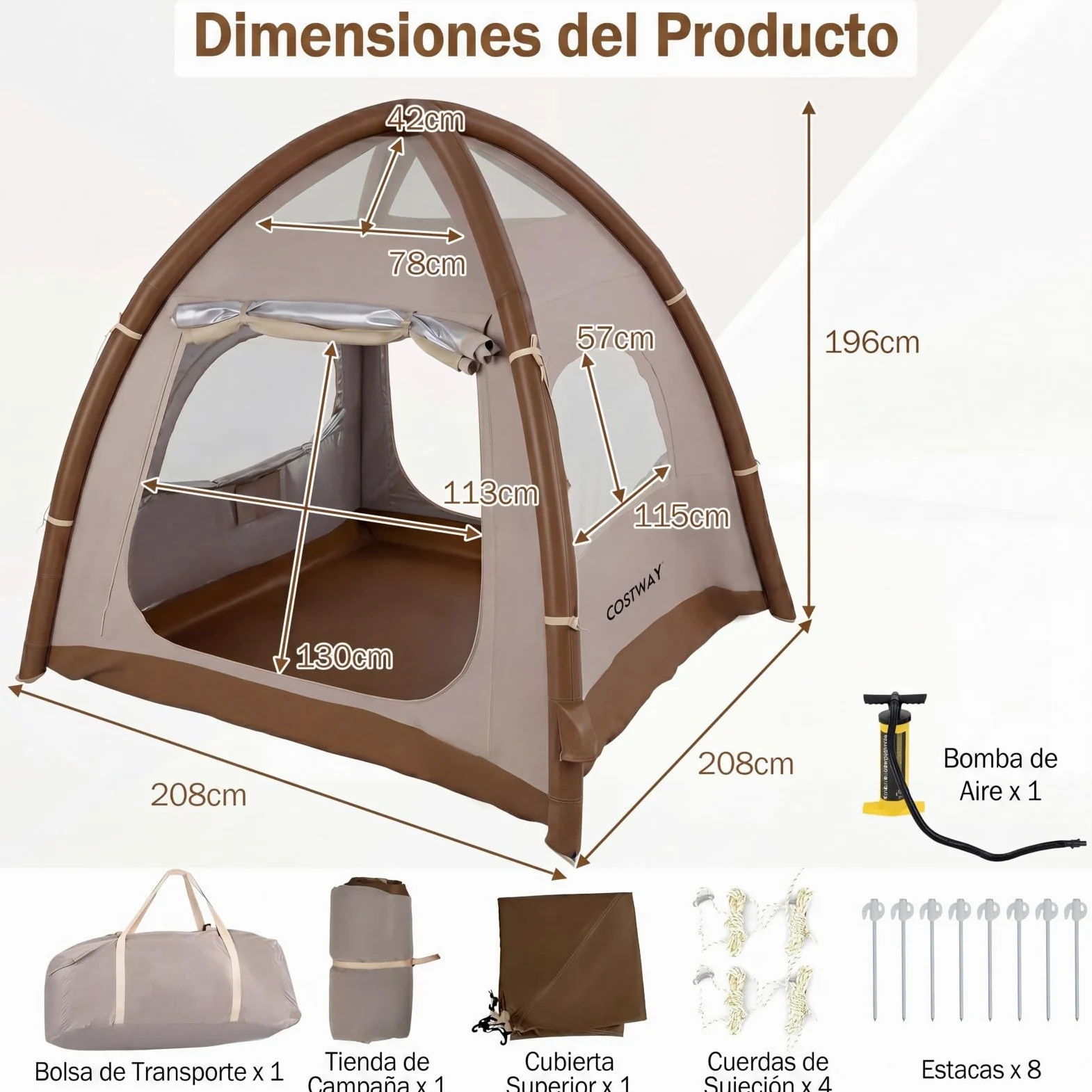 COSTWAY Tienda de Campaña para 2-4 Persona, Tienda de Campaña Hinchable con Bomba de Aire, Puertas y Ventanas de Malla, Estacas y Cuerdas de Sujeción, Bolsa de Transporte, 208 x 208 x 196 cm