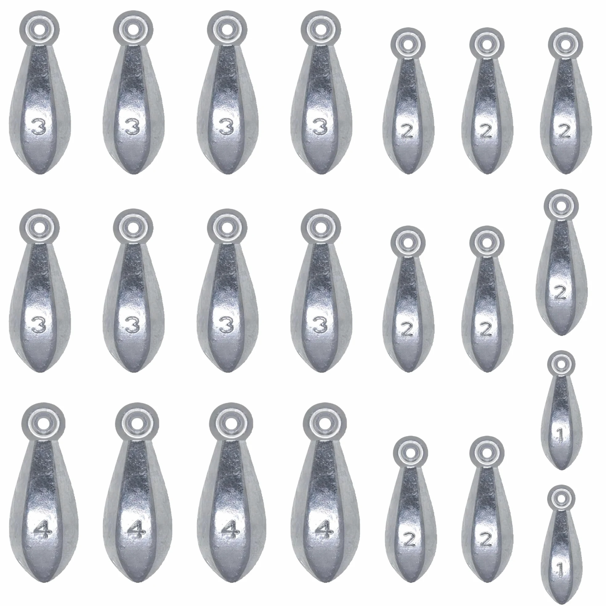 Plomo de pesca, pesas de pesca inferiores, plata, forma de lágrima, 22 piezas, varios tamaños