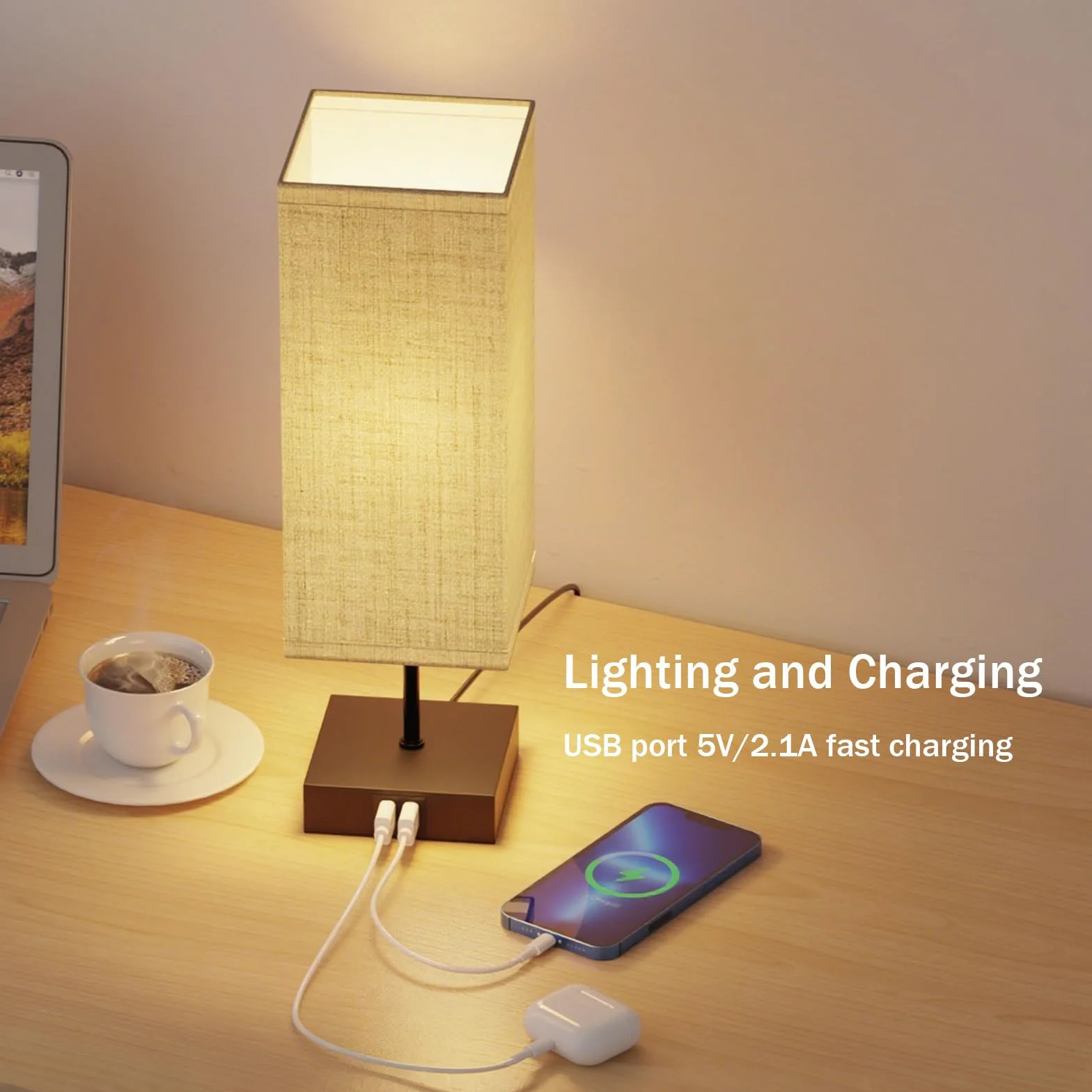 Lámparas de Mesita de Noche Control Táctil, Bedside Lamp Regulable con 3 Temperaturas de Color y 2 Puertos USB