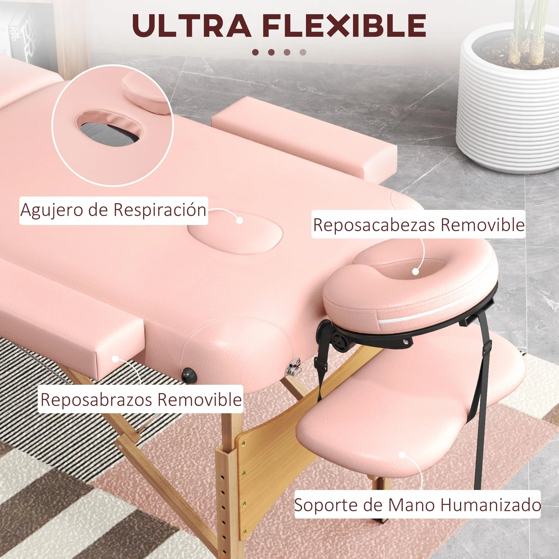 HOMCOM Camilla de Masaje Plegable 210x81 cm Profesional con Reposacabezas Extraíble y Altura Regulable Rosa