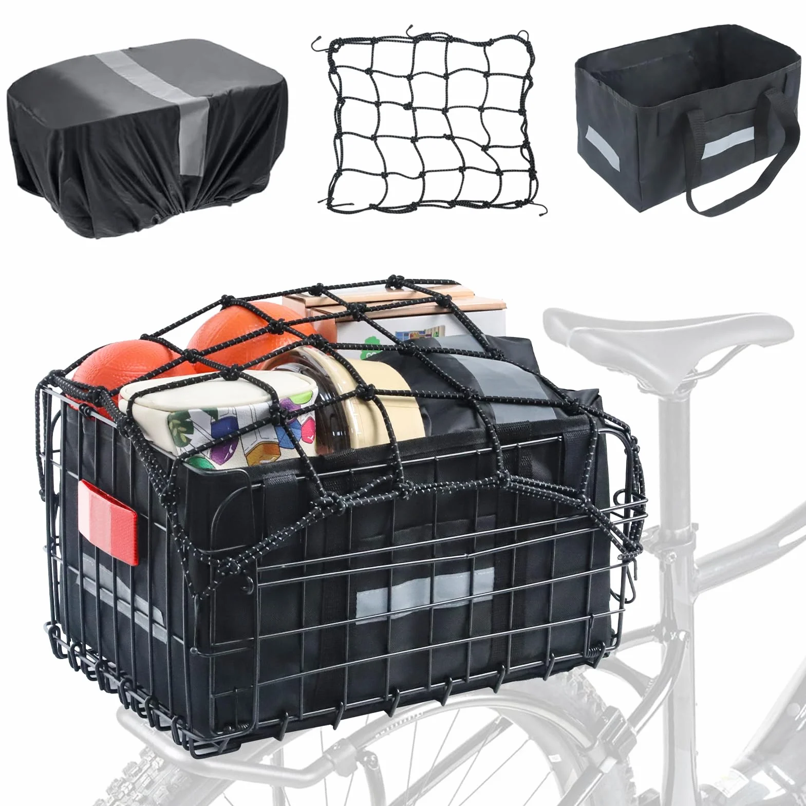Wdmiya Cesta Trasera para Bicicleta, Cesta Plegable de Gran Capacidad con Red para Equipaje, Forro portátil y Funda Impermeable para IR al Trabajo