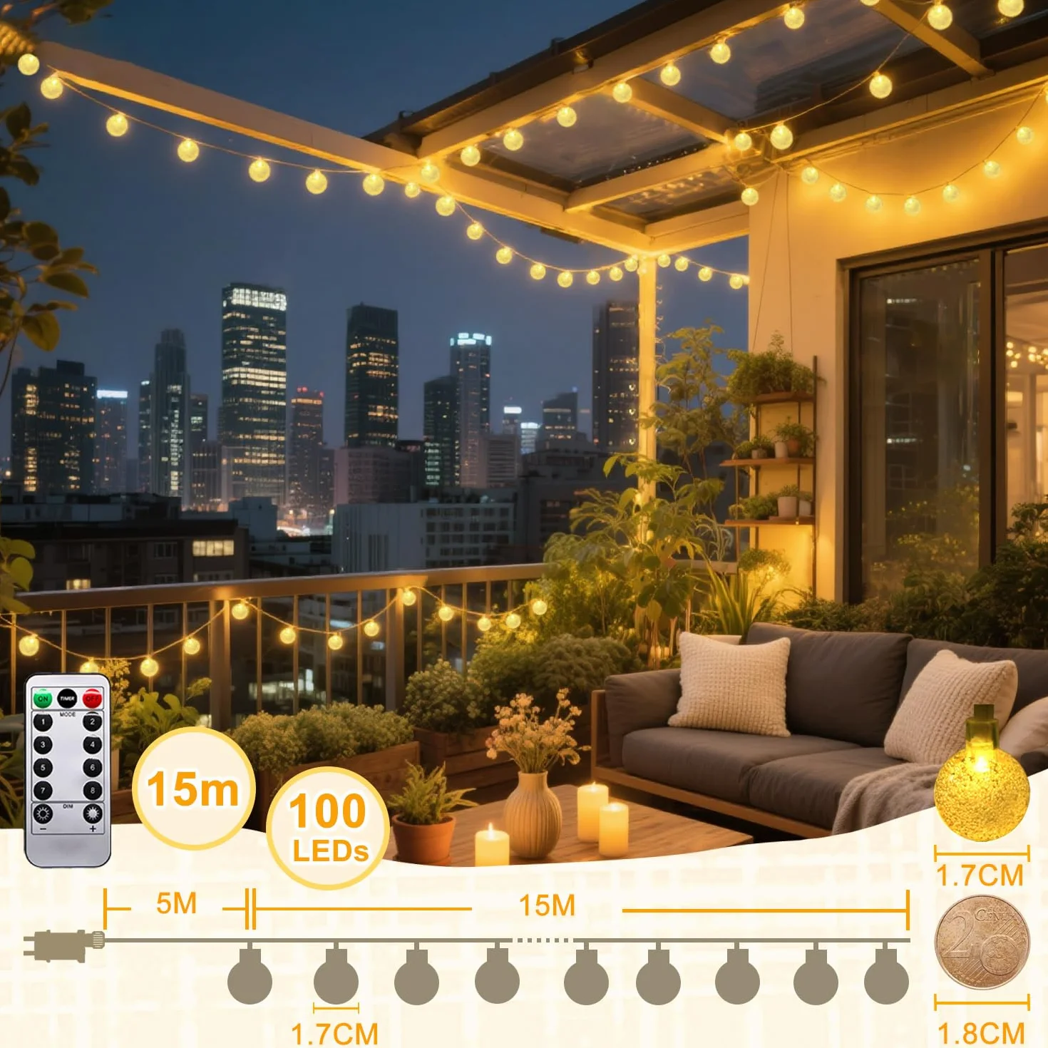Taiyongkang Guirnalda Luces LED 15m 100 Bolas de Cristal IP44 8 Modos Exterior Navidad