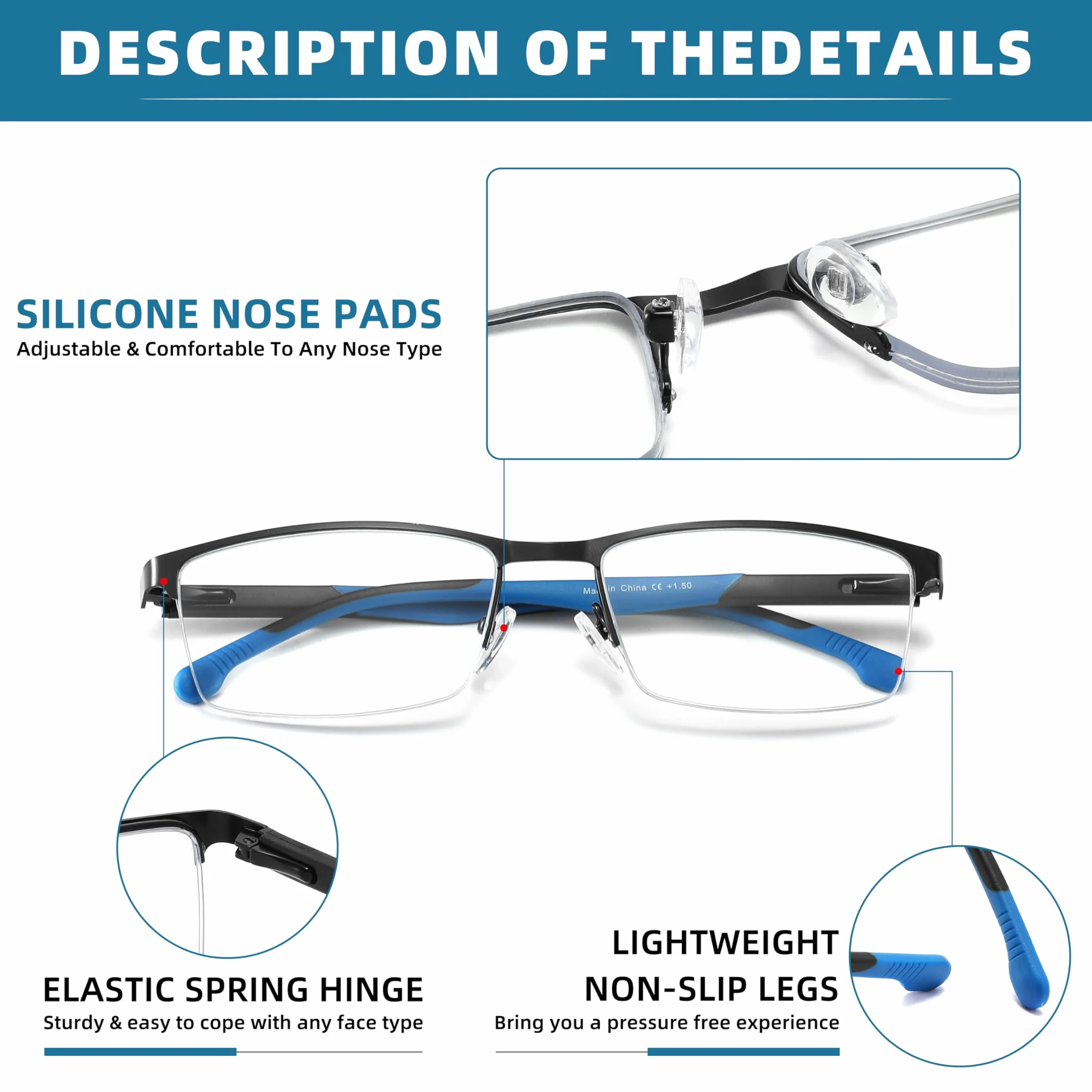 MODFANS Gafas de Lectura Anti Luz Azul, Metal Acero Inoxidable, Lente Clara, Ligeras, Colores Mezclados, Pack de 3