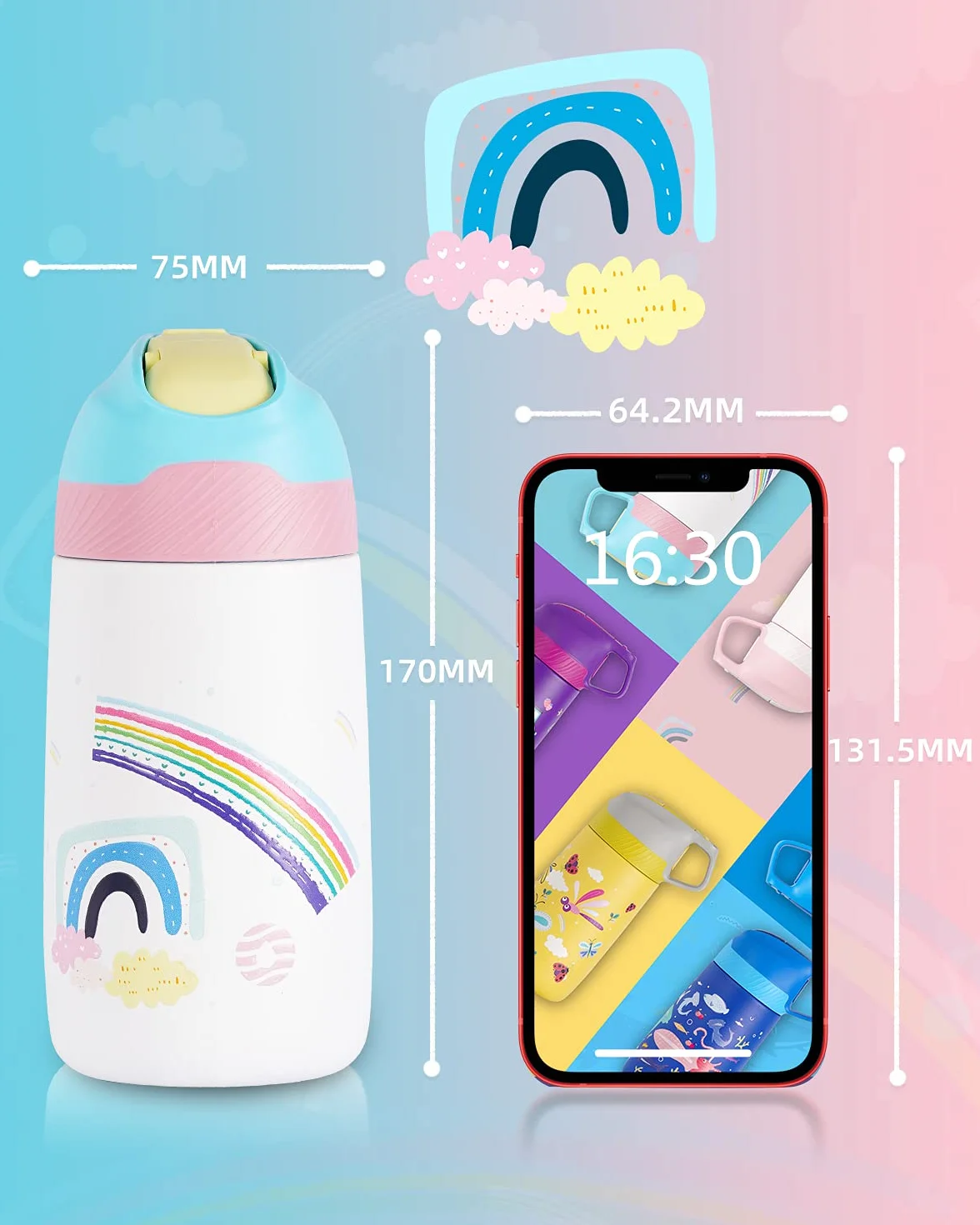 Fjbottle Niños 350ml Botella de Agua Acero Inoxidable con Pajita, Sin Fugas, sin bpa botella termica Reutilizable