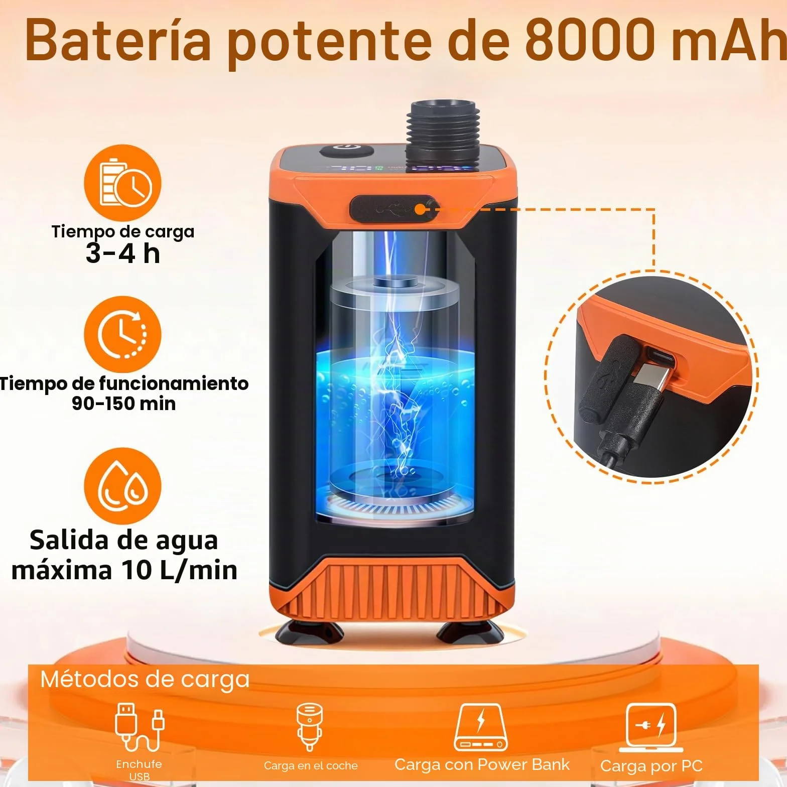 Ducha Portátil de Camping, Bomba Recargable 8000 mAh con Doble Velocidad, IPX8, Pantalla Digital Inteligente - Kit para Exteriores Ideal para Viajes, Lavado de Coches y Baño de Mascotas