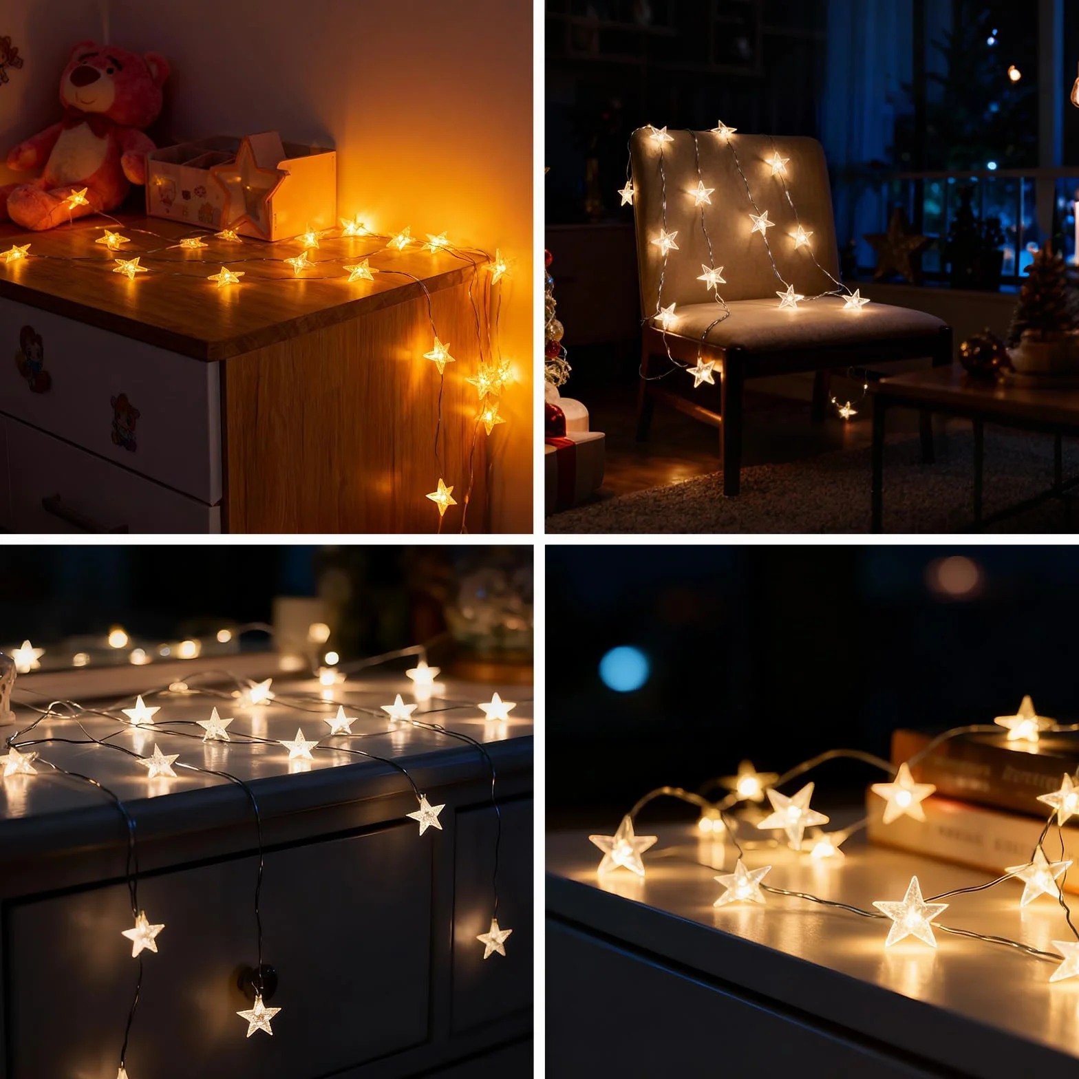 Guirnalda de luces LED estrella 2m 20 LED a pilas IP65 alambre plateado