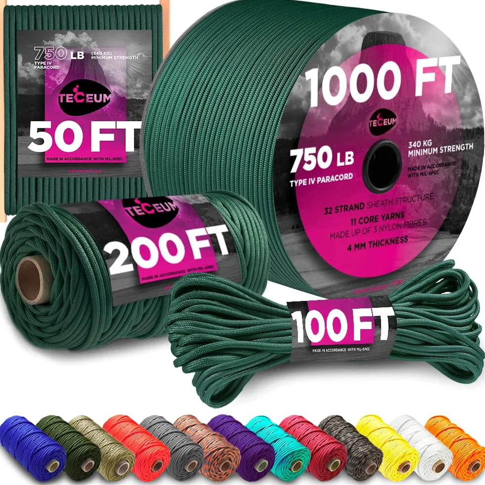 TECEUM Paracord Tipo IV 750 LB Verde Esmeralda Oscuro – 15 m – 4 mm – Cuerda de paracaídas táctica Resistente 100% Nailon MIL-Spec – núcleo de 11 hebras para EDC, Camping, Senderismo y Equipo Militar